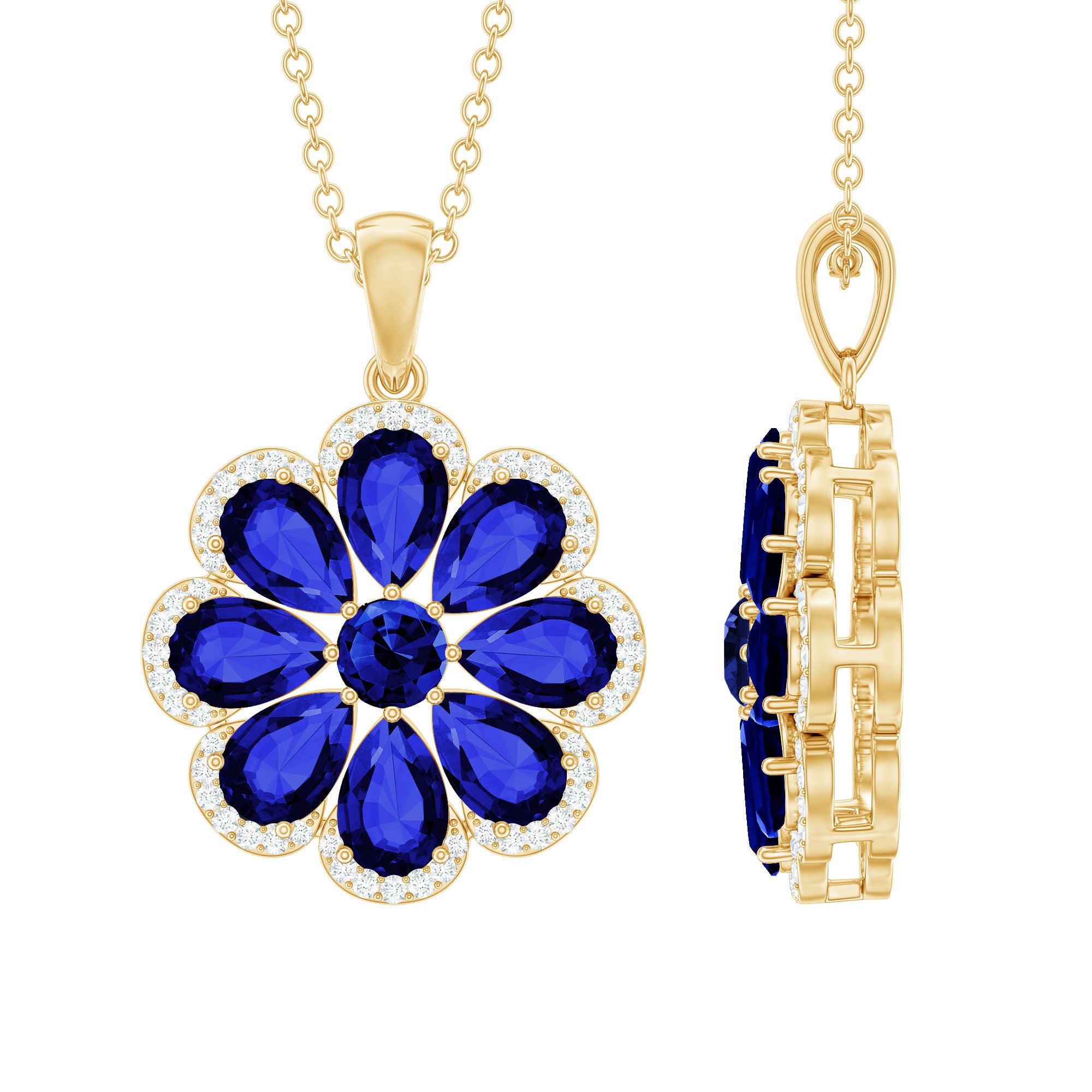 Lab Created Blue Sapphire Flower Necklace with Moissanite Halo AAAA - Rosec Jewels
