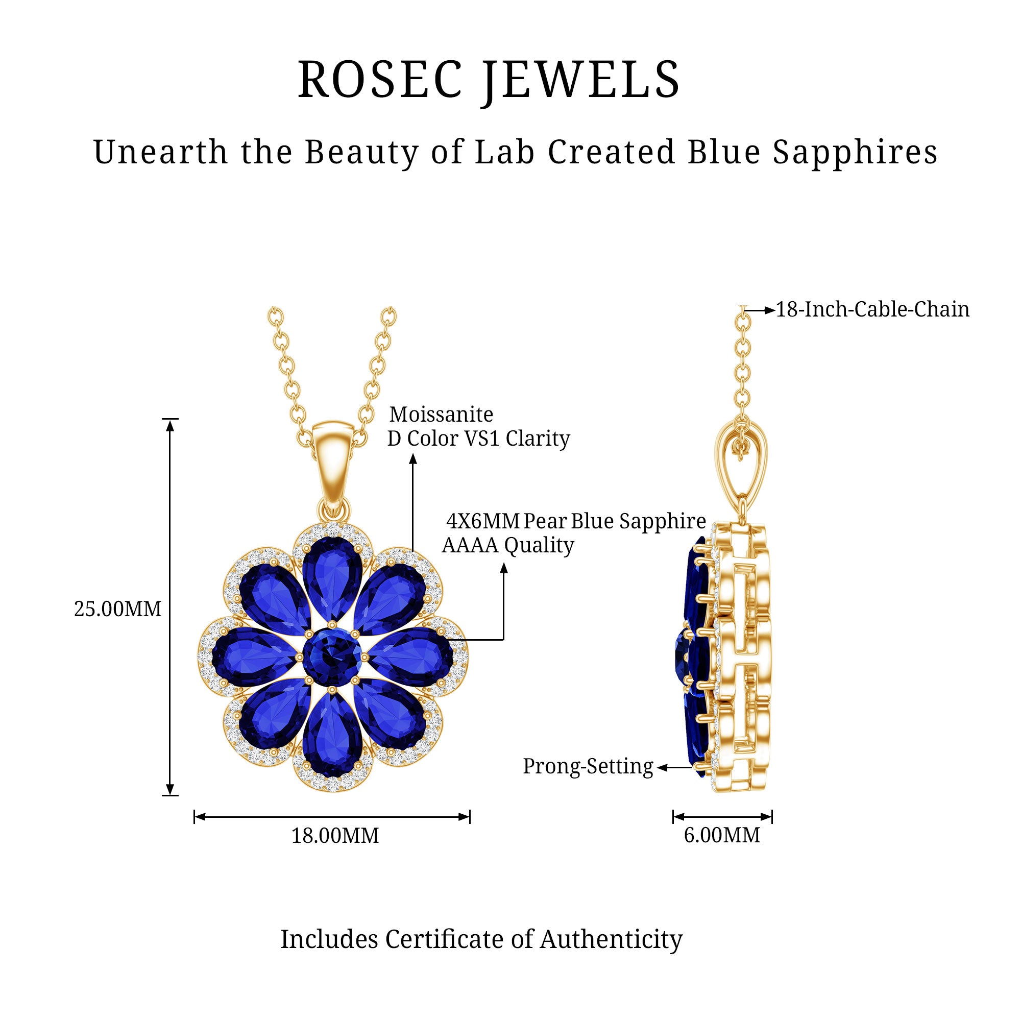 Lab Created Blue Sapphire Flower Necklace with Moissanite Halo AAAA - Rosec Jewels