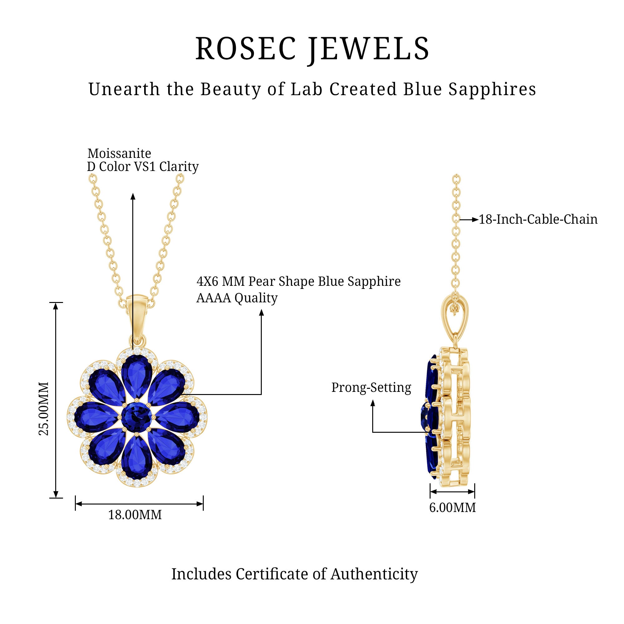 Lab Created Blue Sapphire Flower Necklace with Moissanite Halo AAAA - Rosec Jewels