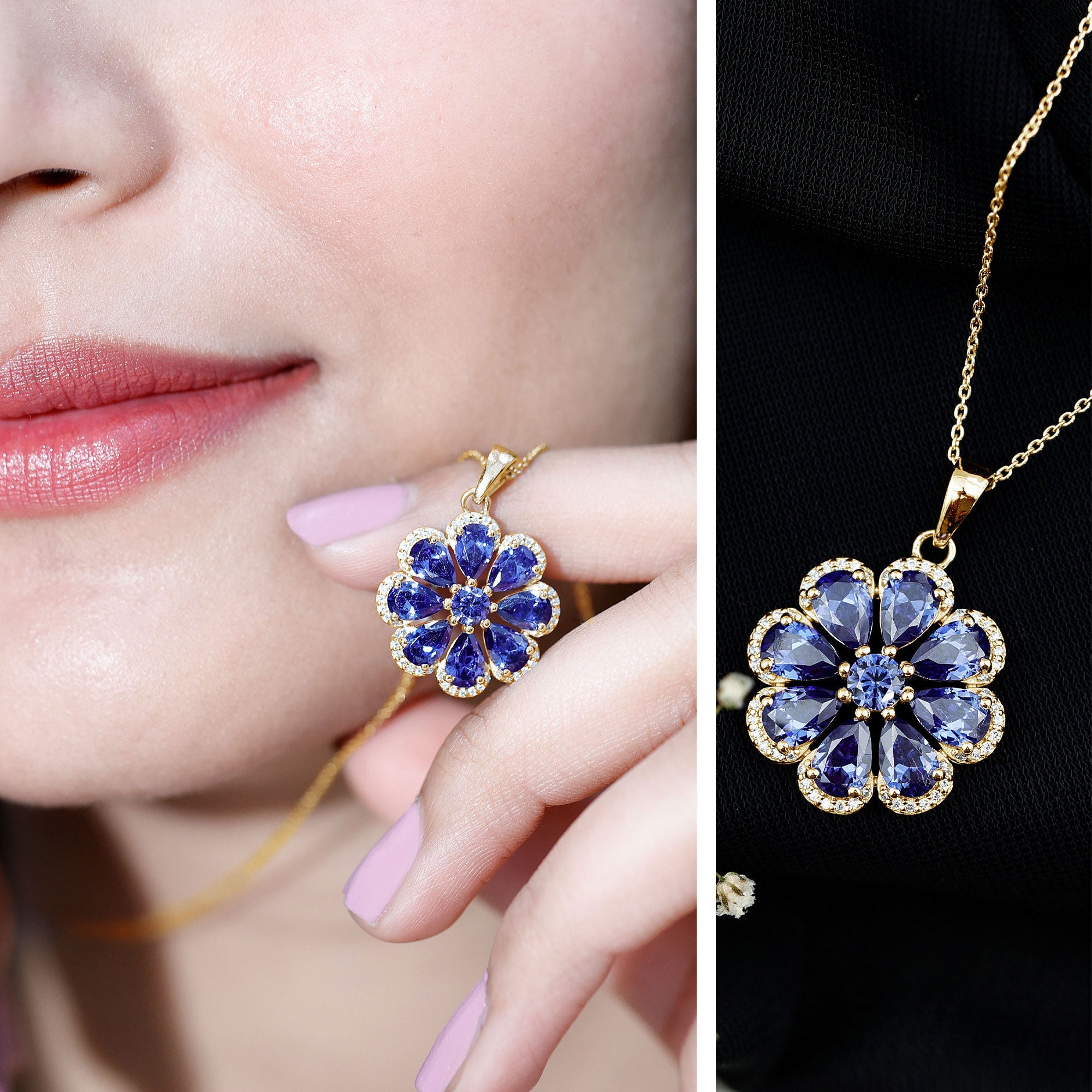 Lab Created Blue Sapphire Flower Necklace with Moissanite Halo AAAA - Rosec Jewels