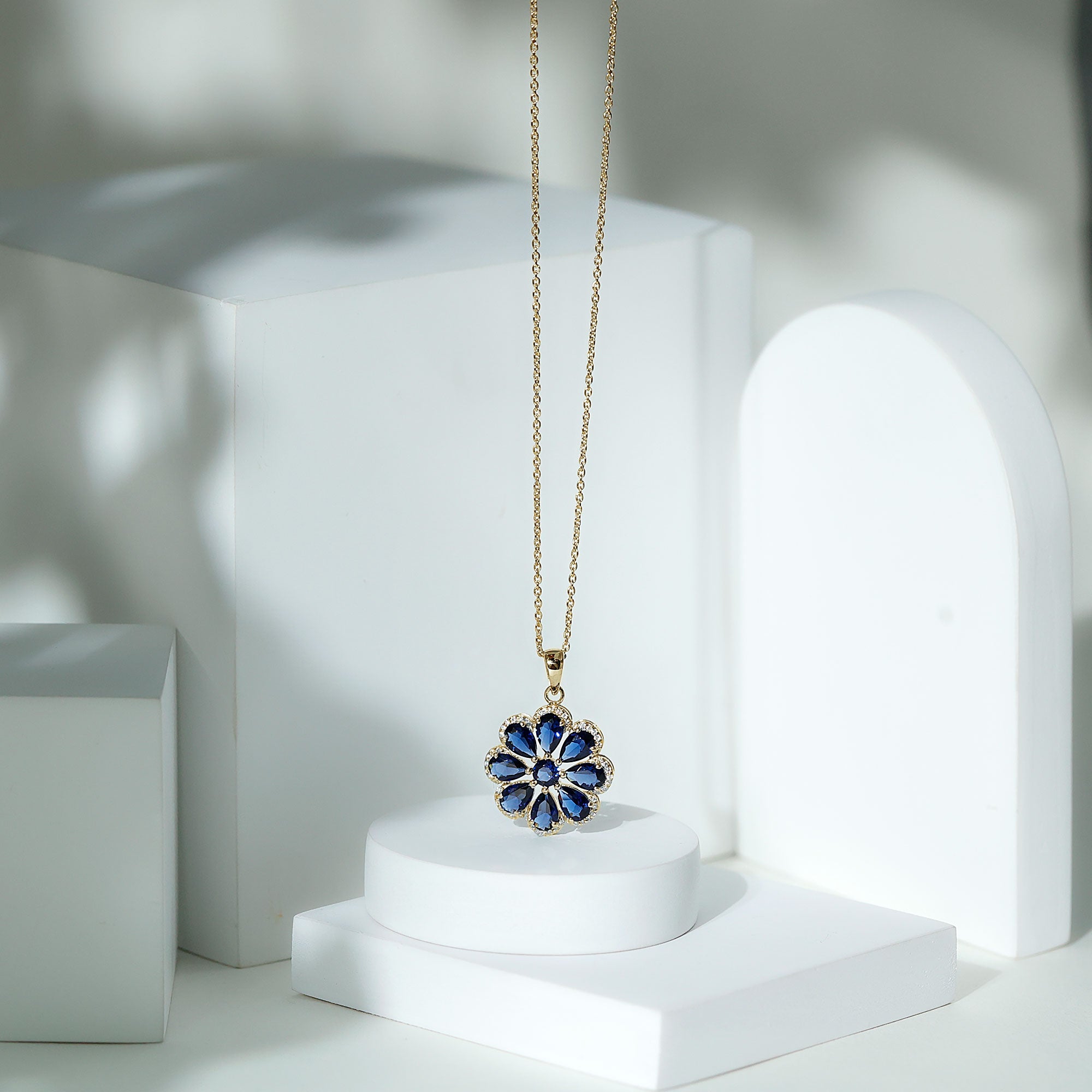 Lab Created Blue Sapphire Flower Necklace with Moissanite Halo AAAA - Rosec Jewels