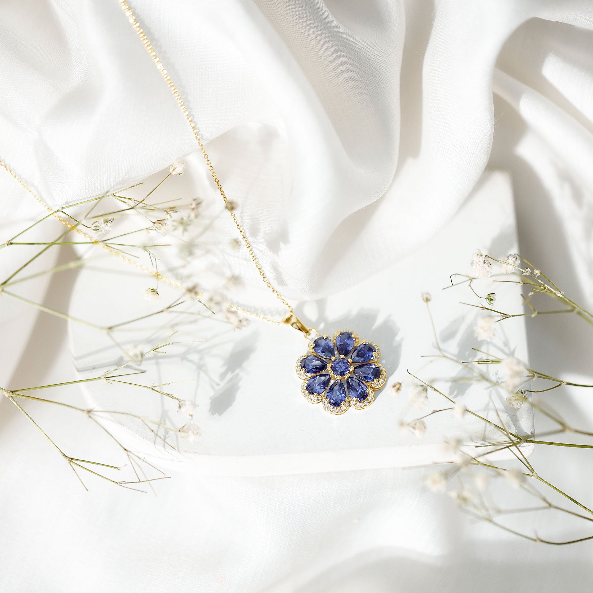 Lab Created Blue Sapphire Flower Necklace with Moissanite Halo AAAA - Rosec Jewels