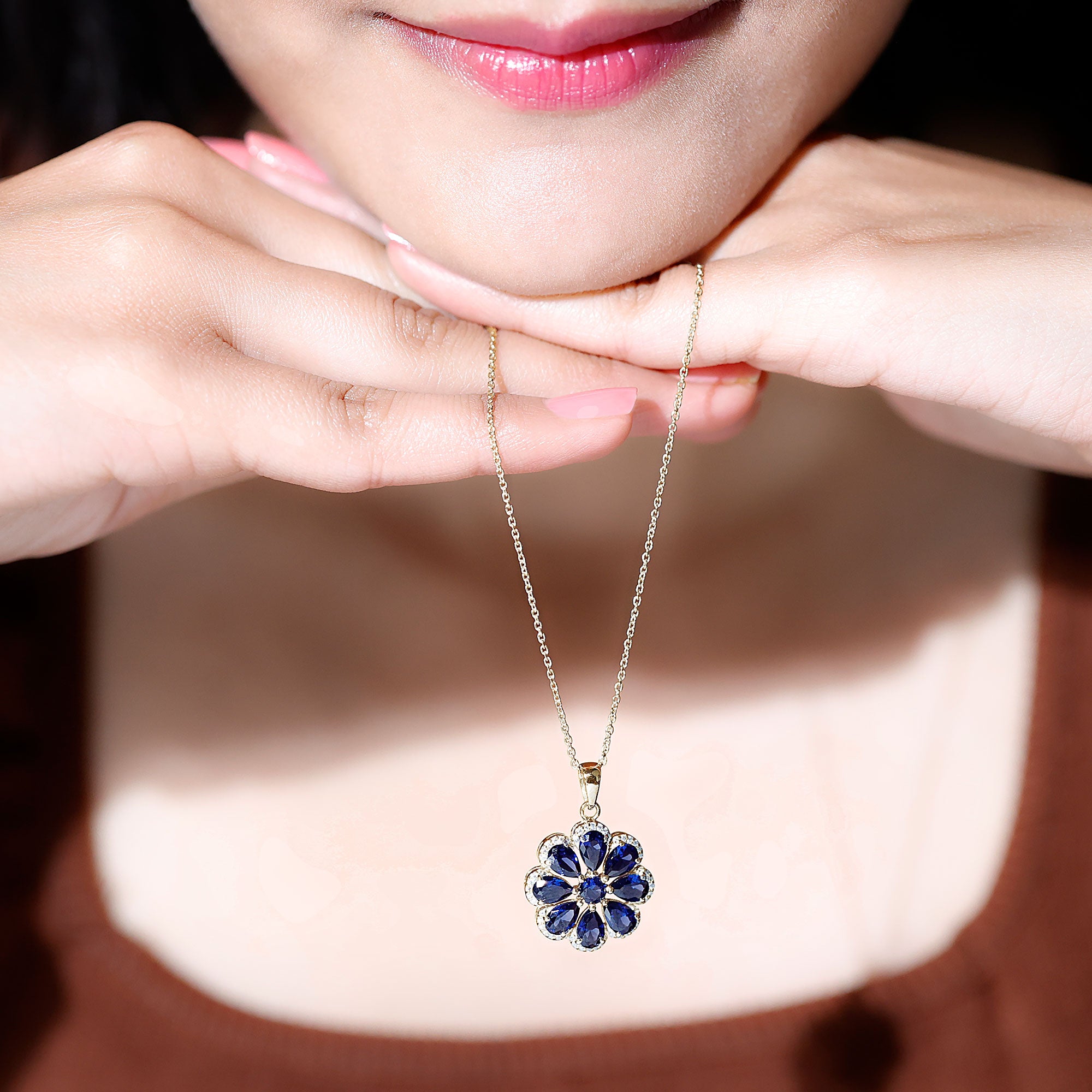 Lab Created Blue Sapphire Flower Necklace with Moissanite Halo AAAA - Rosec Jewels