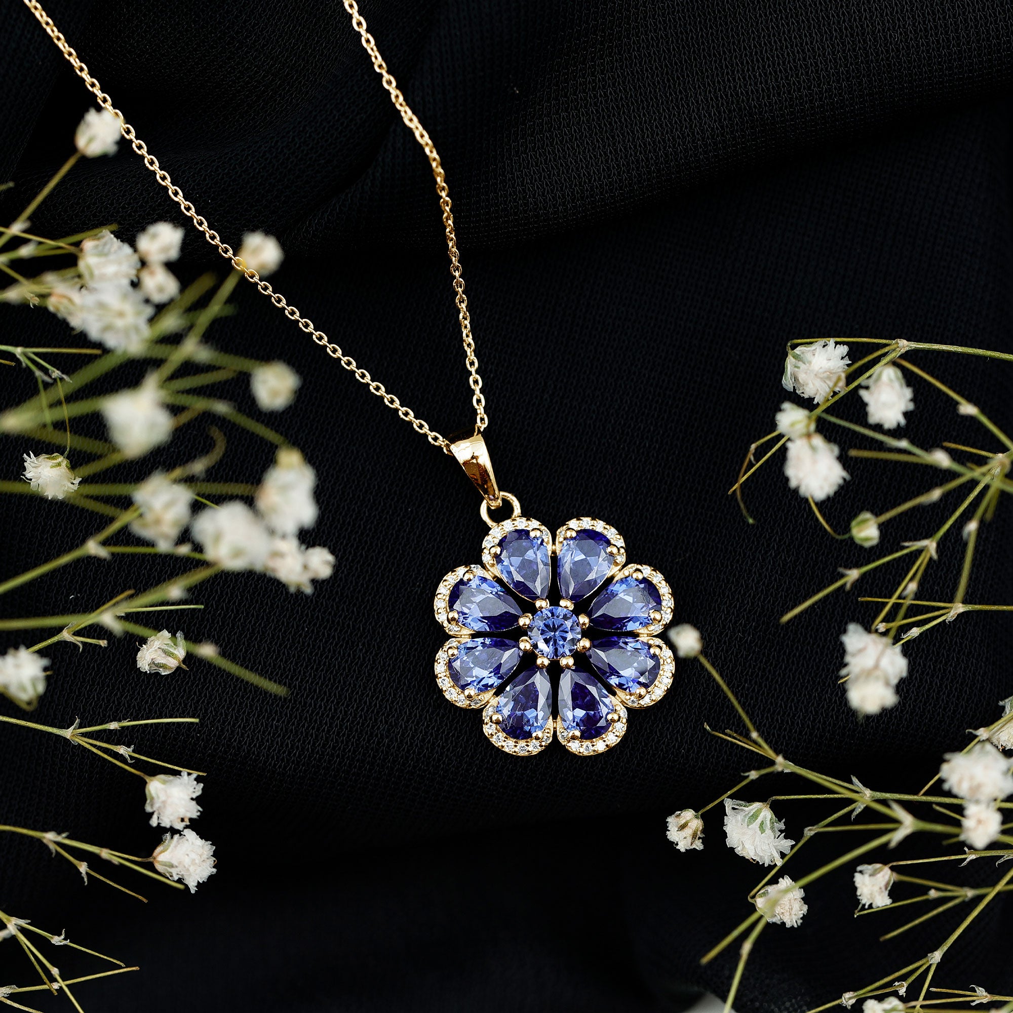 Lab Created Blue Sapphire Flower Necklace with Moissanite Halo AAAA - Rosec Jewels