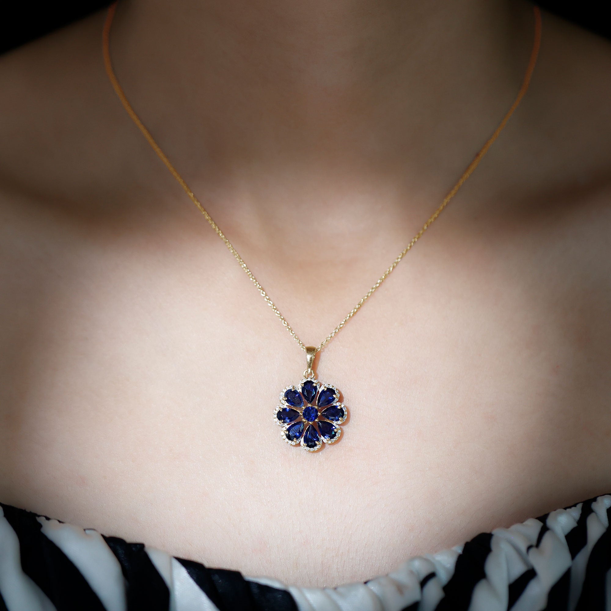 Lab Created Blue Sapphire Flower Necklace with Moissanite Halo AAAA - Rosec Jewels