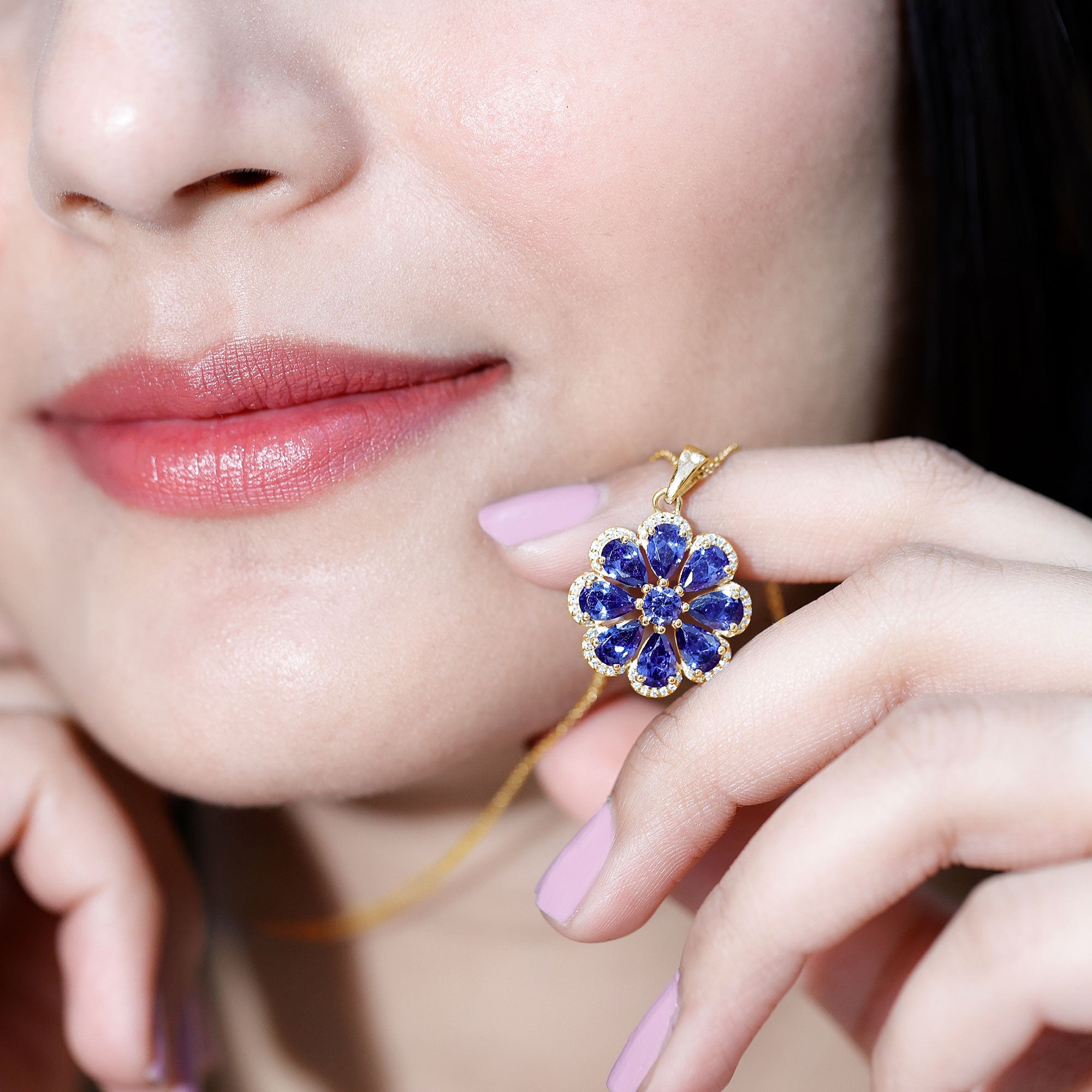 Lab Created Blue Sapphire Flower Necklace with Moissanite Halo AAAA - Rosec Jewels