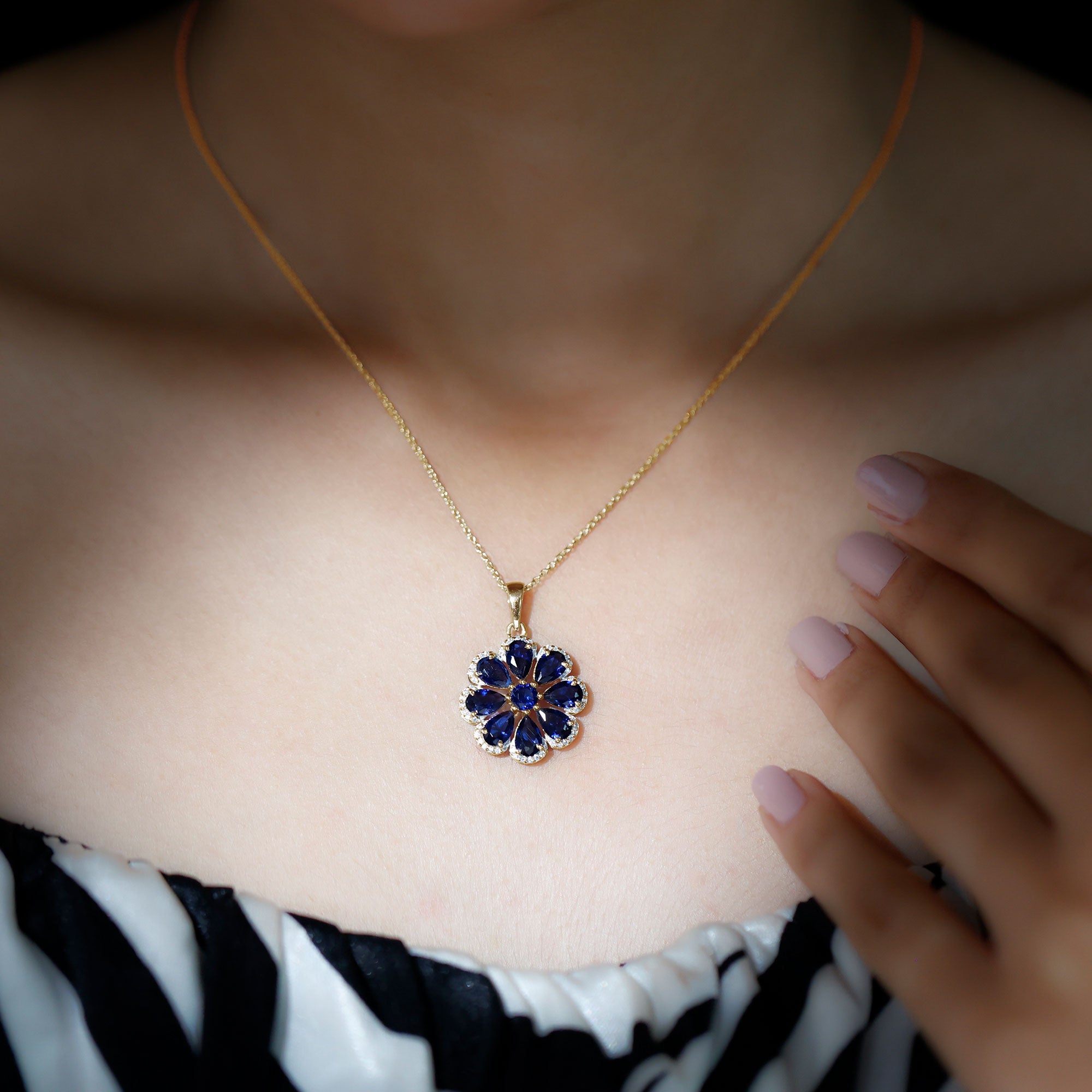 Lab Created Blue Sapphire Flower Necklace with Moissanite Halo AAAA - Rosec Jewels
