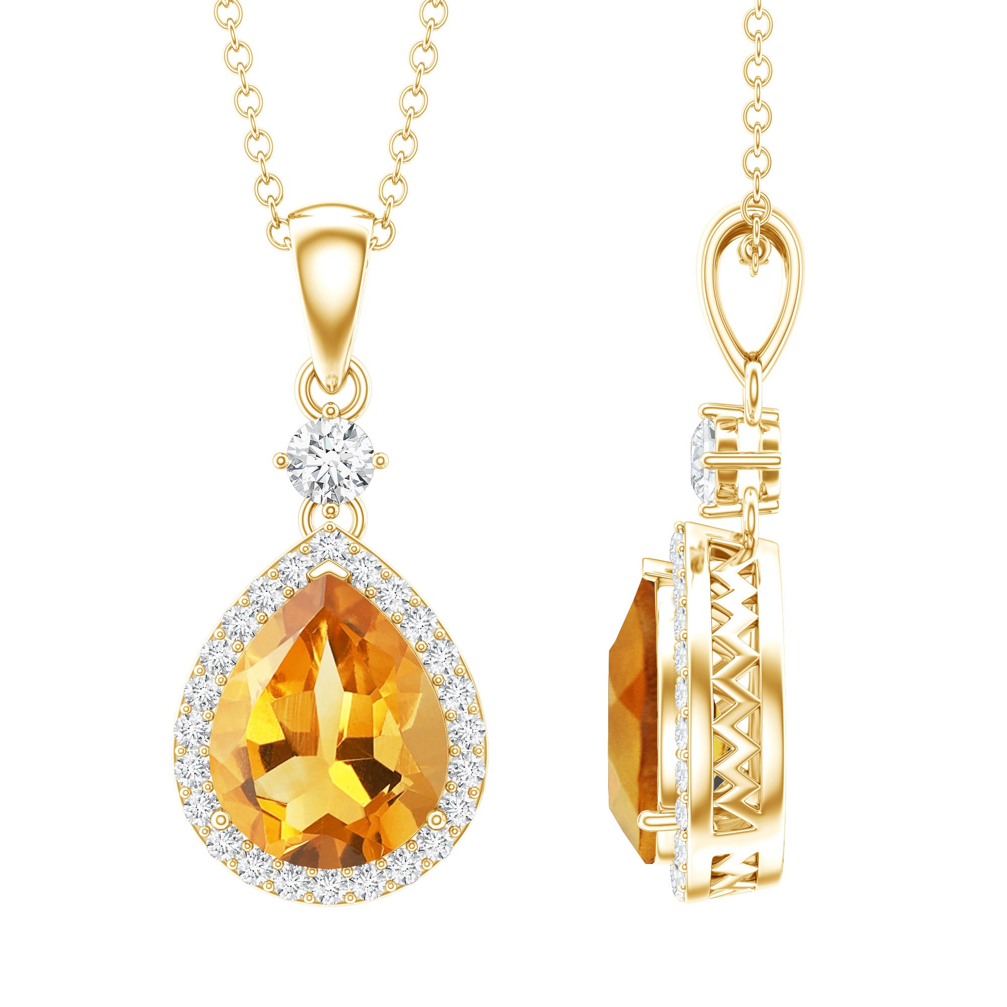Certified 2 Carat Citrine Teardrop Pendant Necklace with Diamond Halo AAA 14K Yellow Gold Plated Silver - Rosec Jewels