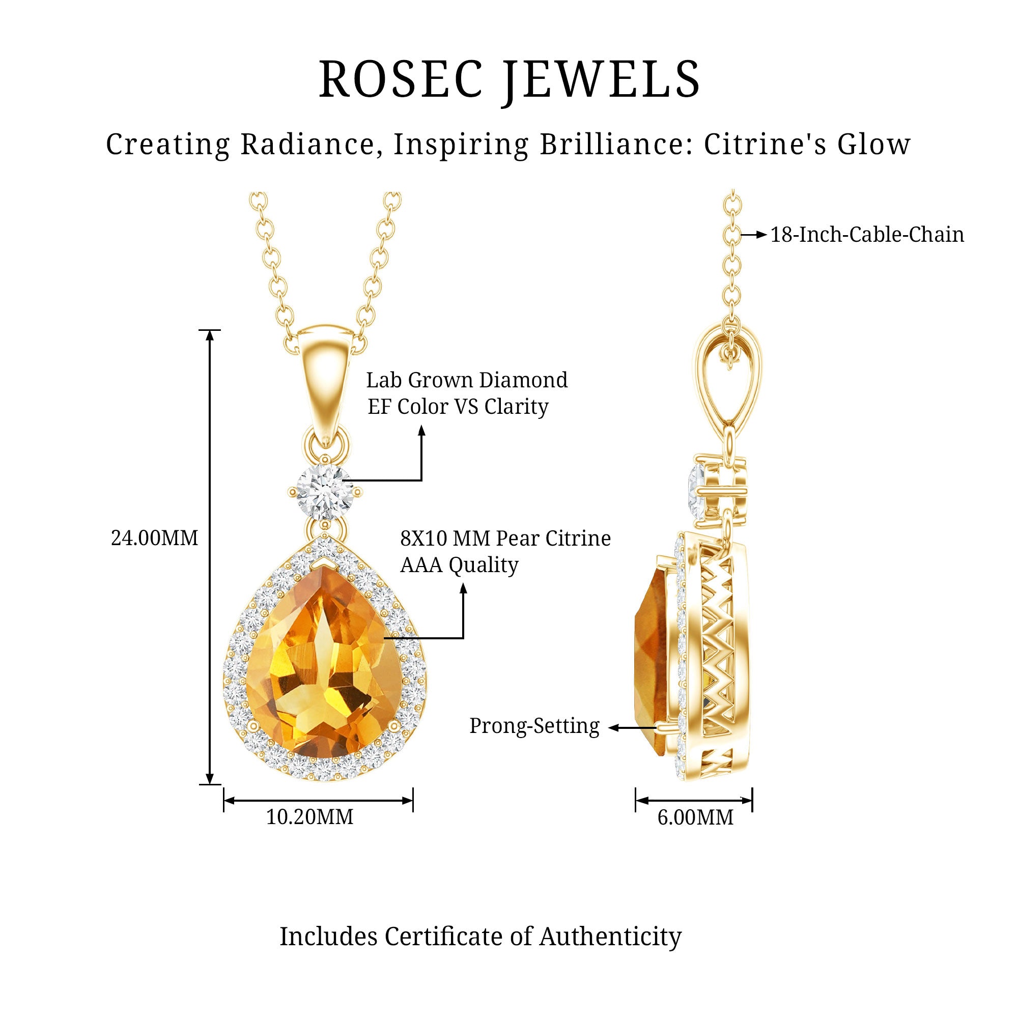 Certified 2 Carat Citrine Teardrop Pendant Necklace with Diamond Halo AAA 14K Yellow Gold Plated Silver - Rosec Jewels