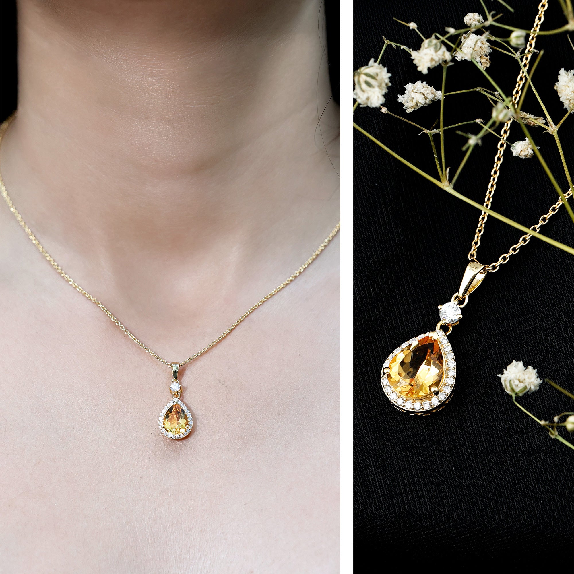 Certified 2 Carat Citrine Teardrop Pendant Necklace with Diamond Halo AAA 14K Yellow Gold Plated Silver - Rosec Jewels