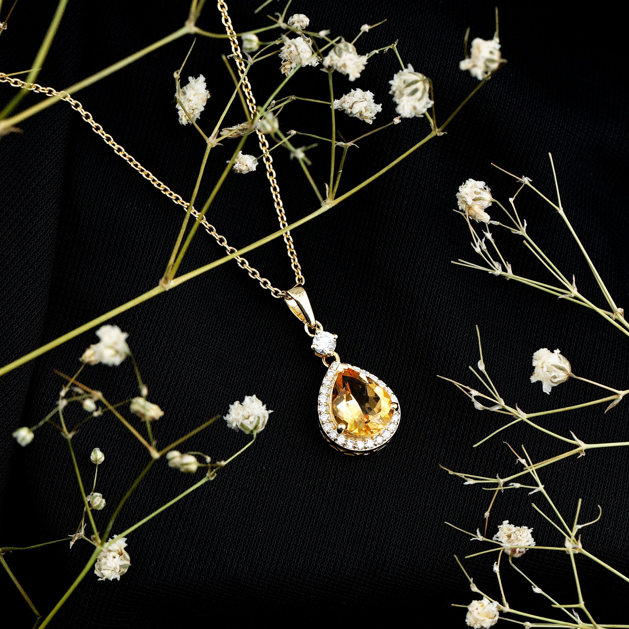 Certified 2 Carat Citrine Teardrop Pendant Necklace with Diamond Halo AAA 14K Yellow Gold Plated Silver - Rosec Jewels