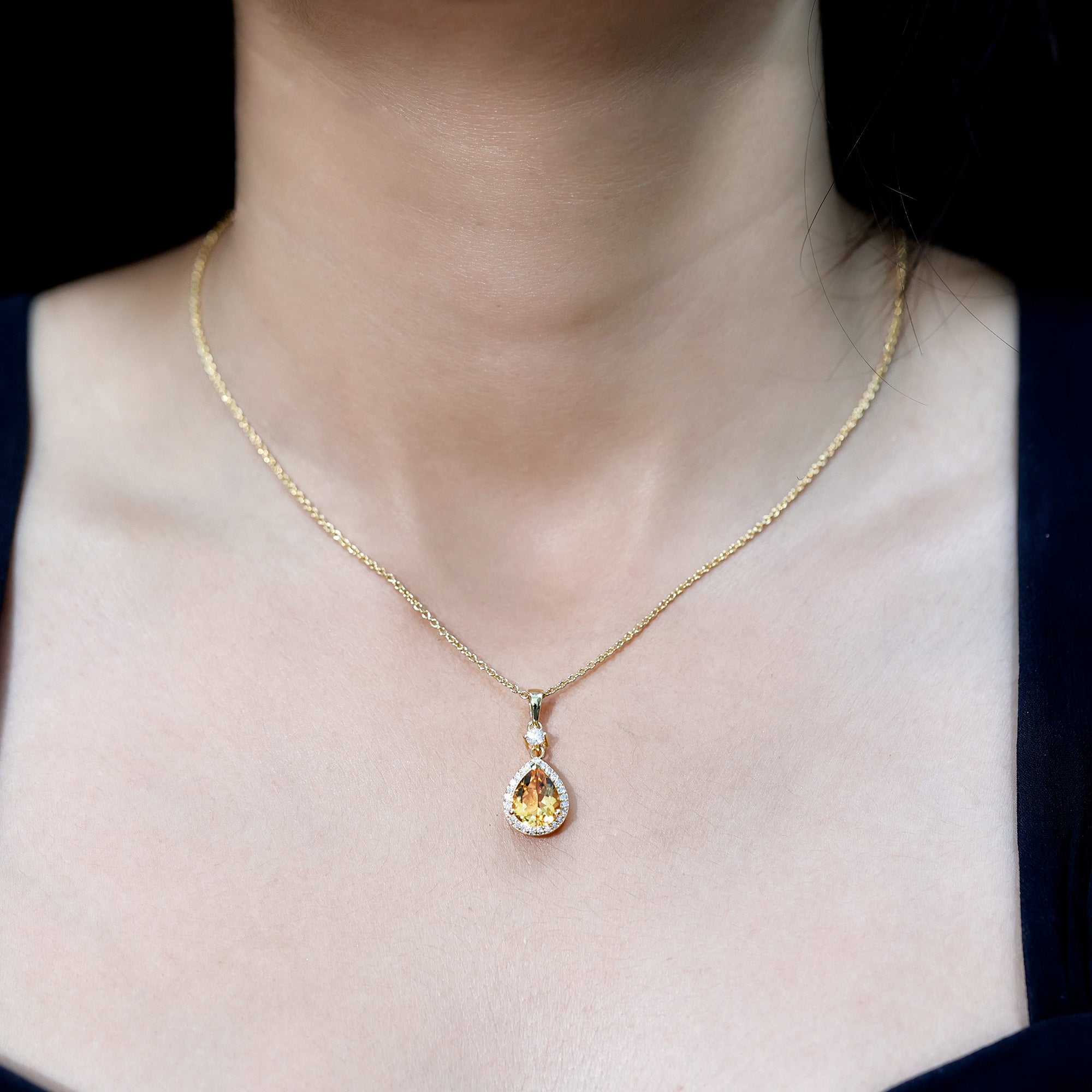 Certified 2 Carat Citrine Teardrop Pendant Necklace with Diamond Halo AAA 14K Yellow Gold Plated Silver - Rosec Jewels