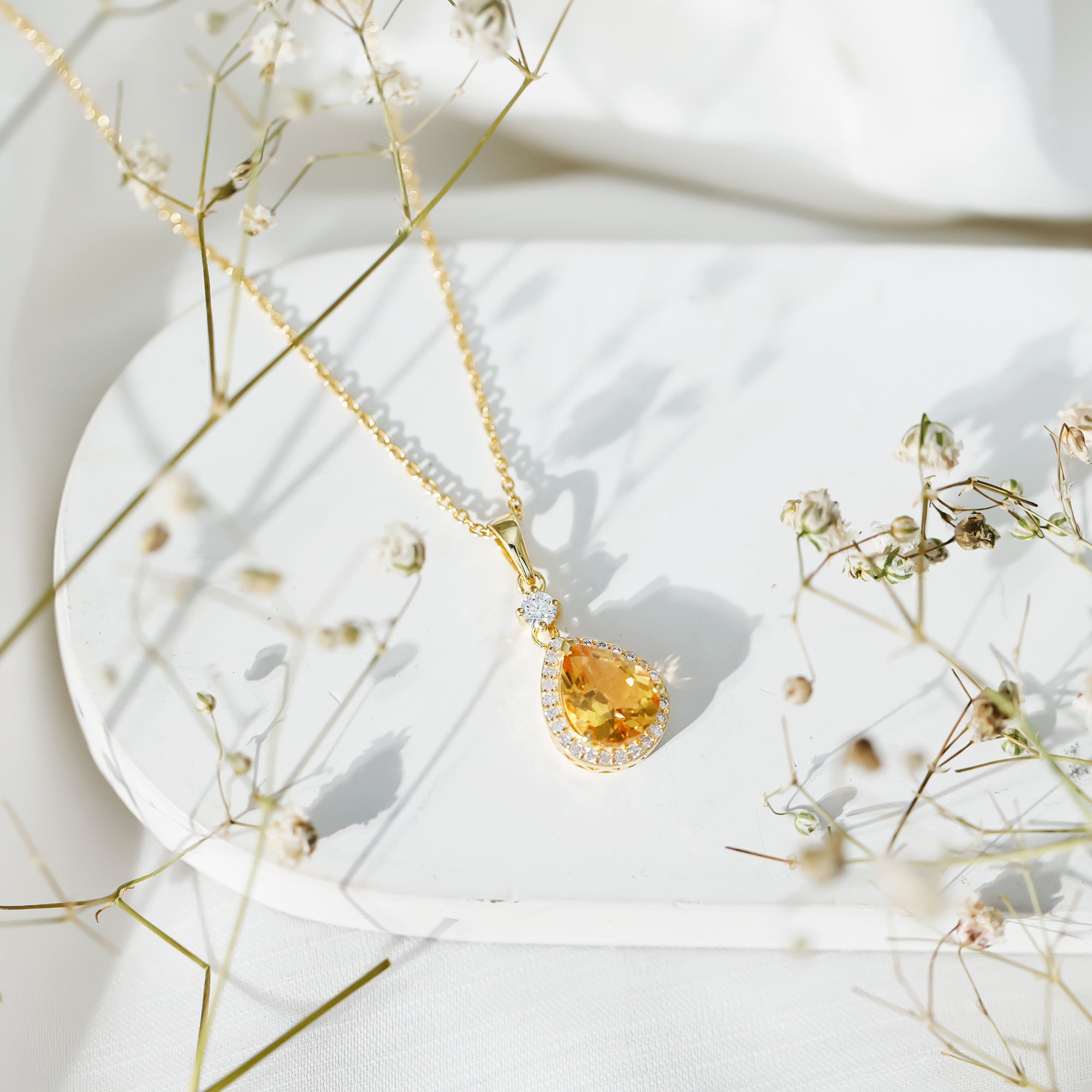 Certified 2 Carat Citrine Teardrop Pendant Necklace with Diamond Halo AAA 14K Yellow Gold Plated Silver - Rosec Jewels