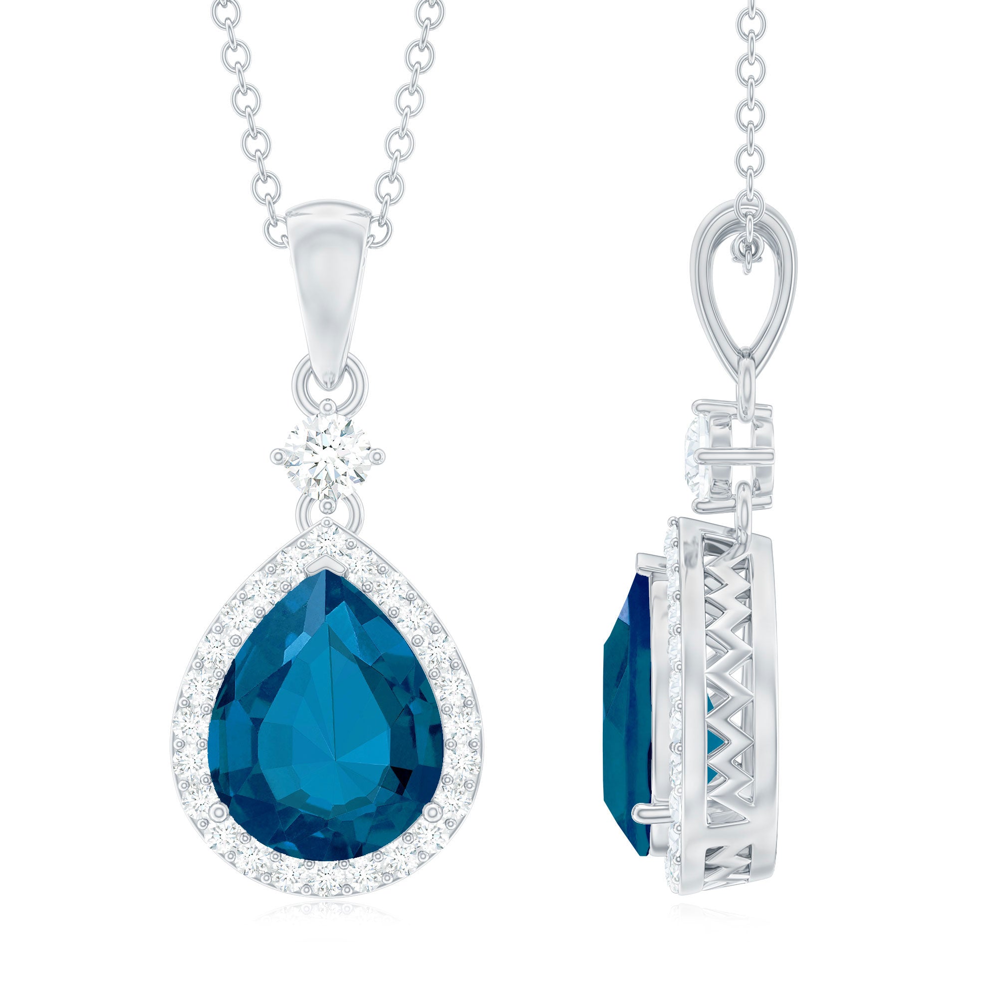 Certified London Blue Topaz Teardrop Necklace with Moissanite Halo