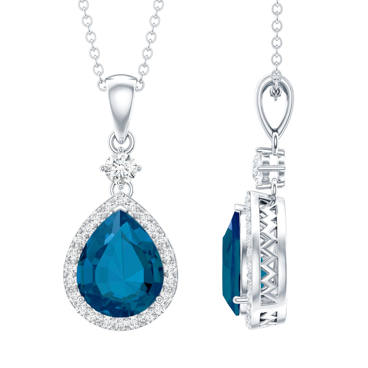 1.75 Carat London Blue Topaz Teardrop Necklace with Moissanite Halo AAA 92.5 Sterling Silver - Rosec Jewels