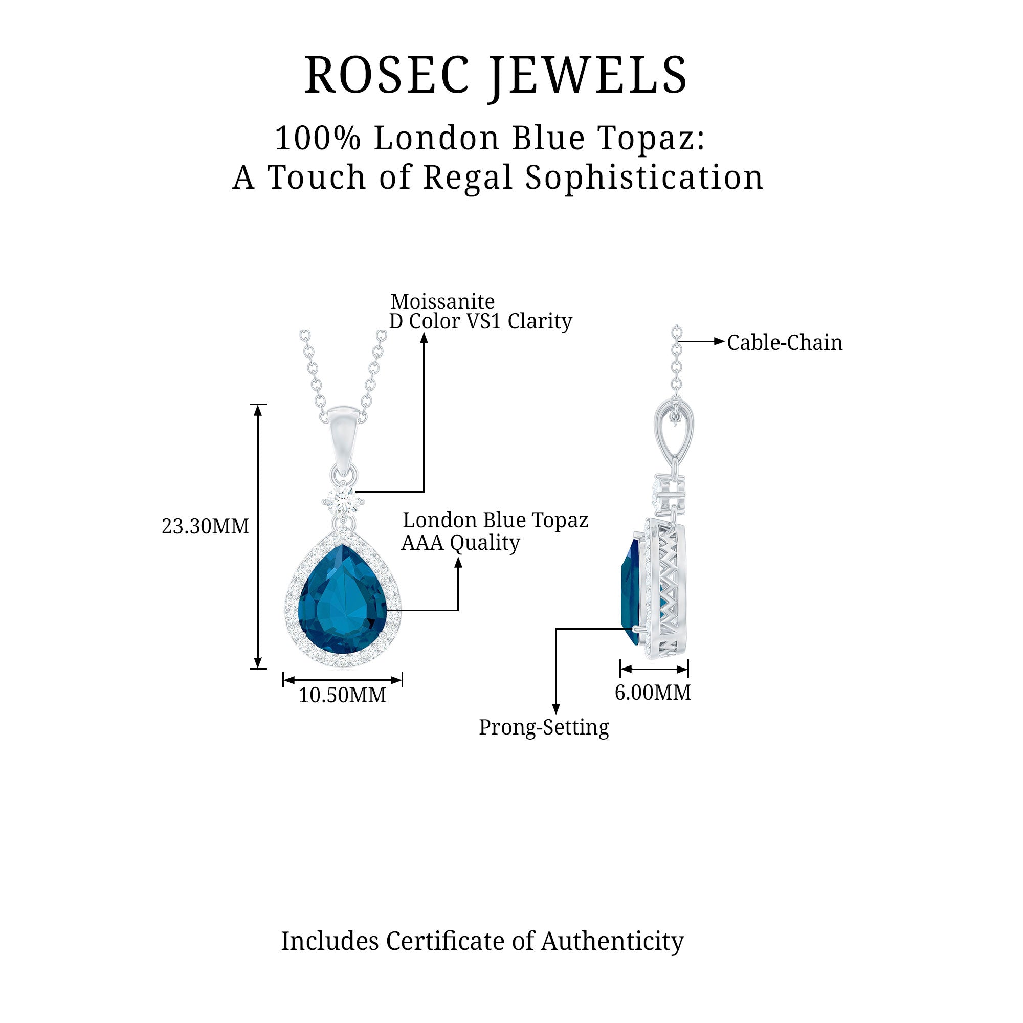 4.25 CT London Blue Topaz and Moissanite Halo Pendant Necklace in Silver - Rosec Jewels