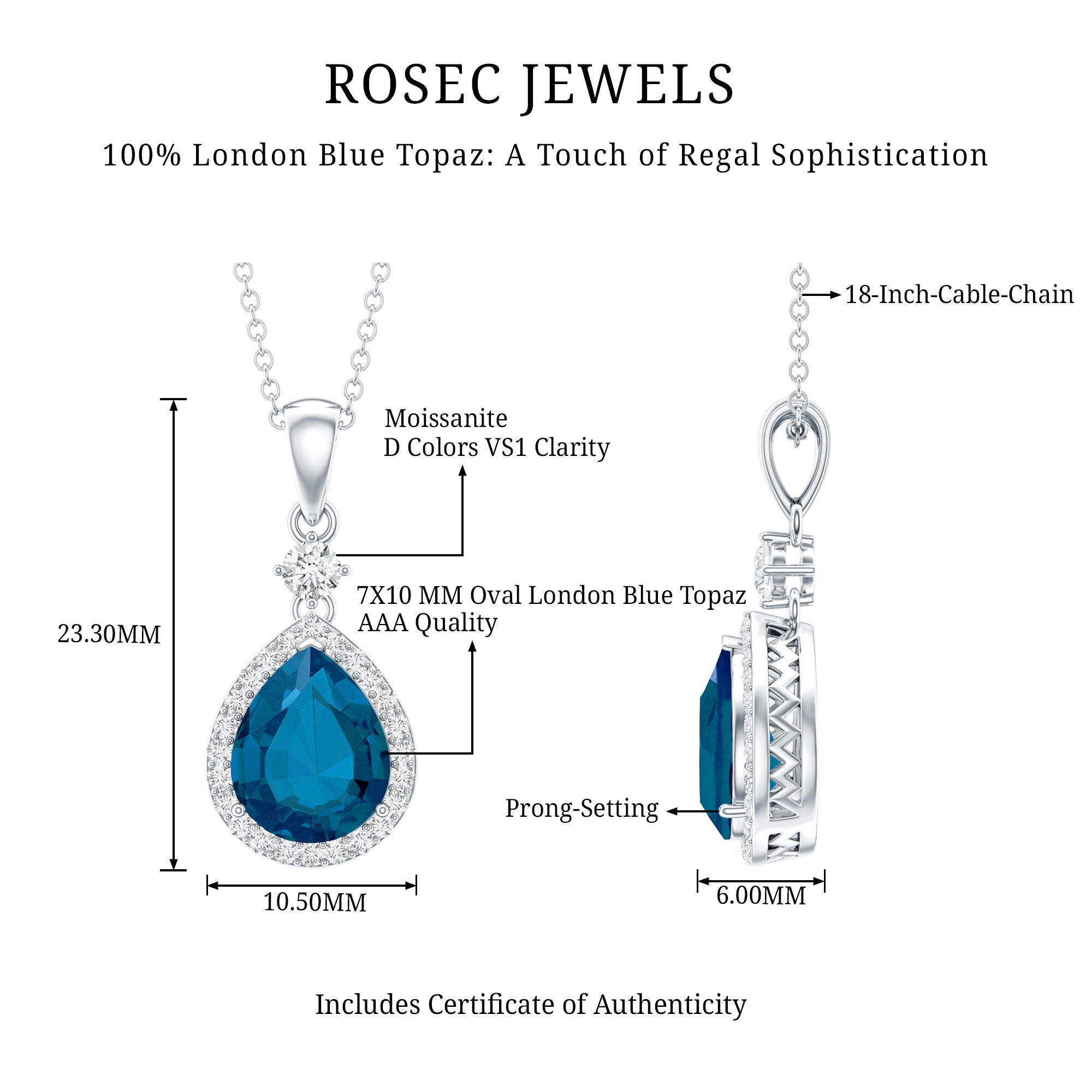 1.75 Carat London Blue Topaz Teardrop Necklace with Moissanite Halo AAA 92.5 Sterling Silver - Rosec Jewels