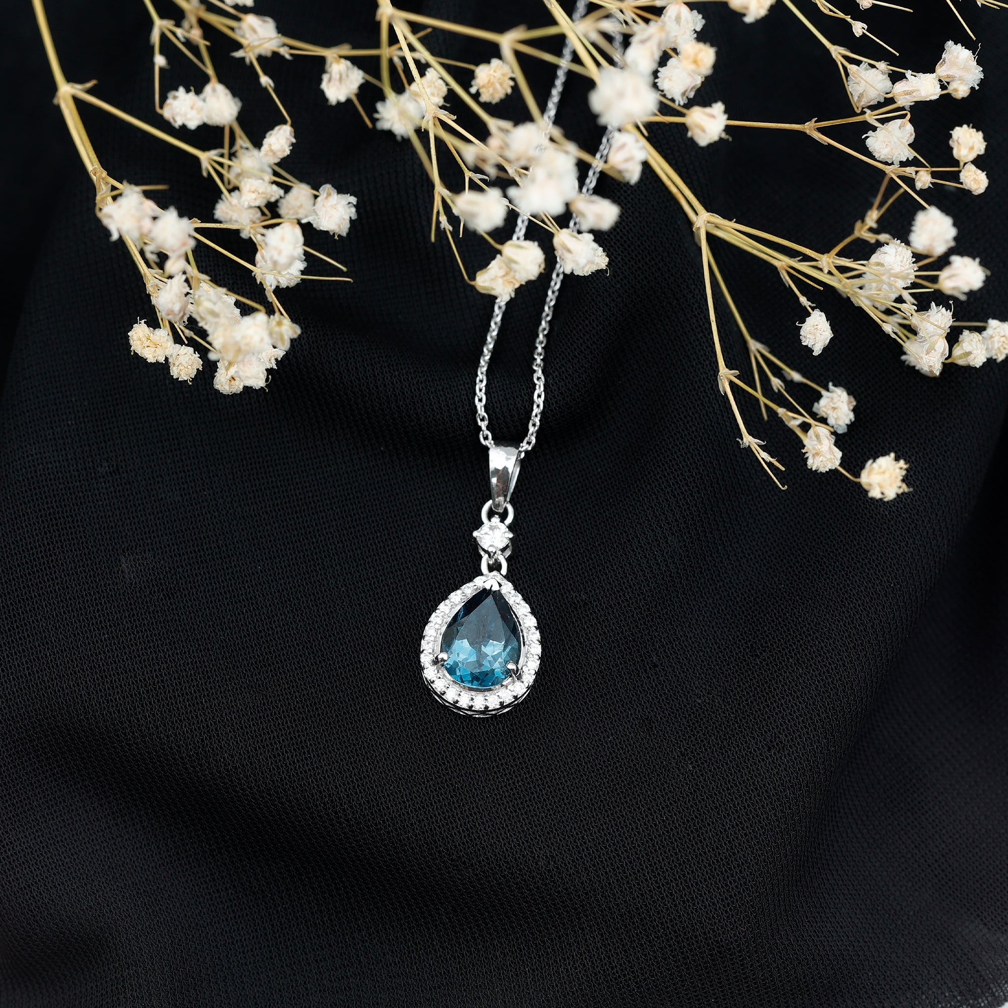 1.75 Carat London Blue Topaz Teardrop Necklace with Moissanite Halo AAA 92.5 Sterling Silver - Rosec Jewels