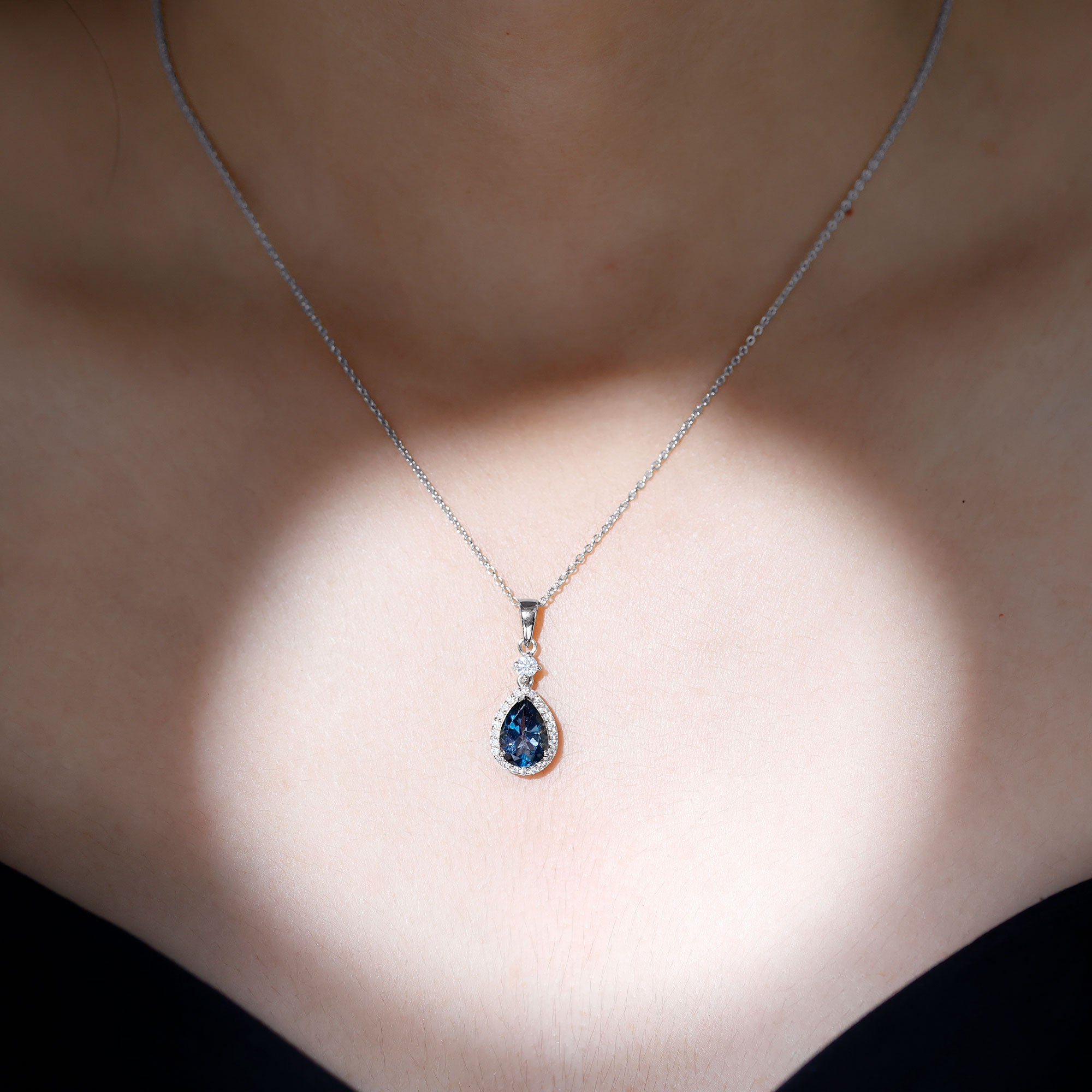 1.75 Carat London Blue Topaz Teardrop Necklace with Moissanite Halo AAA 92.5 Sterling Silver - Rosec Jewels