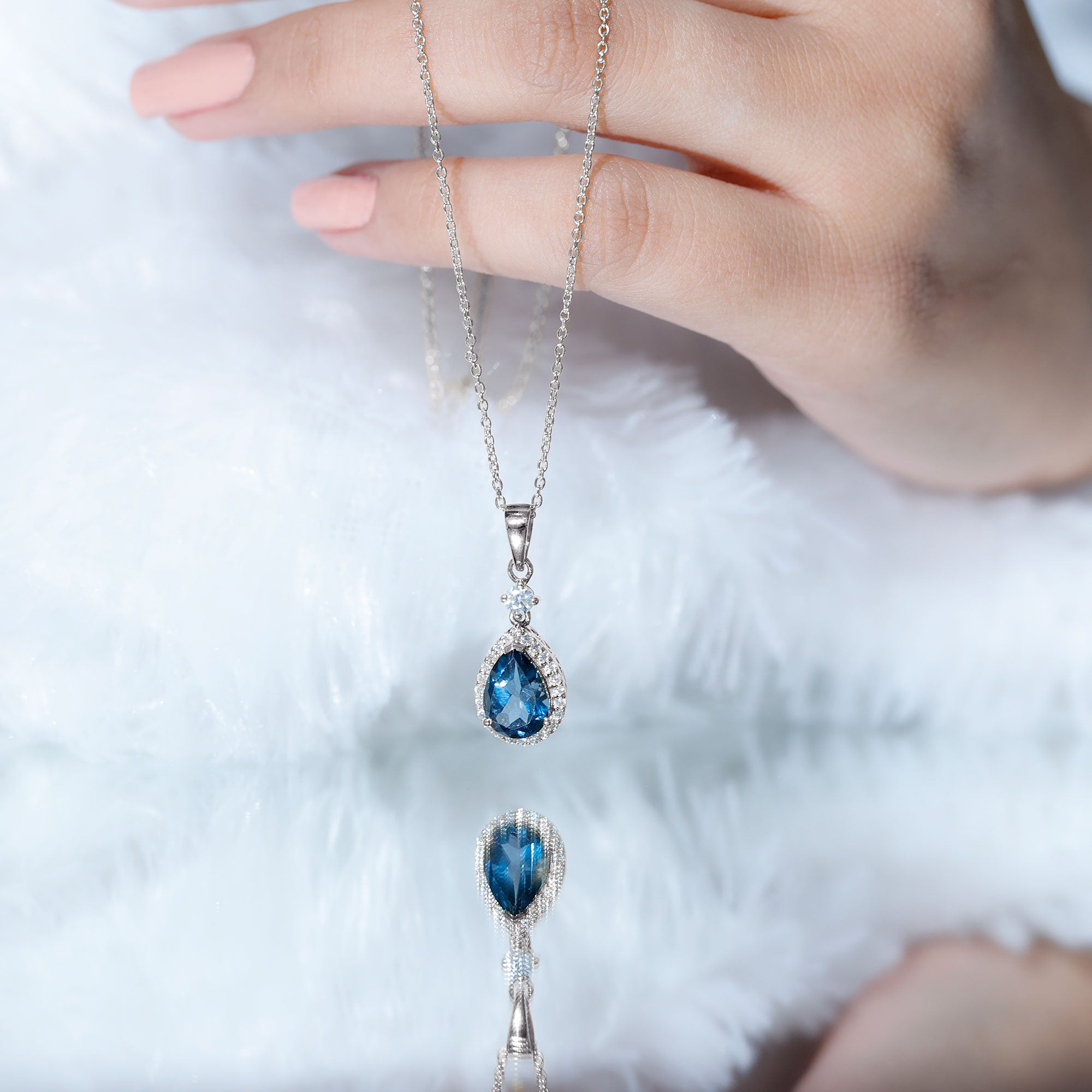 1.75 Carat London Blue Topaz Teardrop Necklace with Moissanite Halo AAA 92.5 Sterling Silver - Rosec Jewels