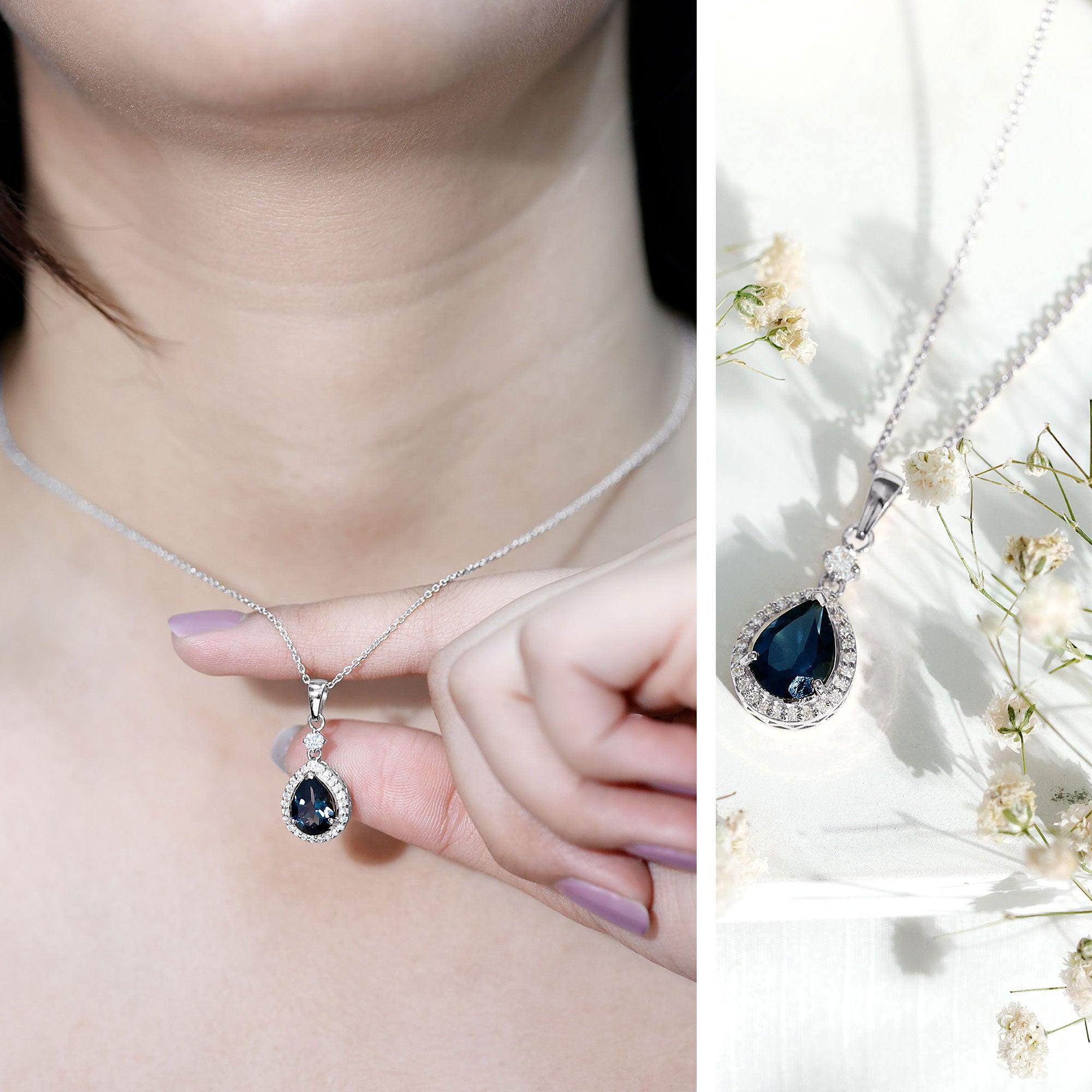 1.75 Carat London Blue Topaz Teardrop Necklace with Moissanite Halo AAA 92.5 Sterling Silver - Rosec Jewels