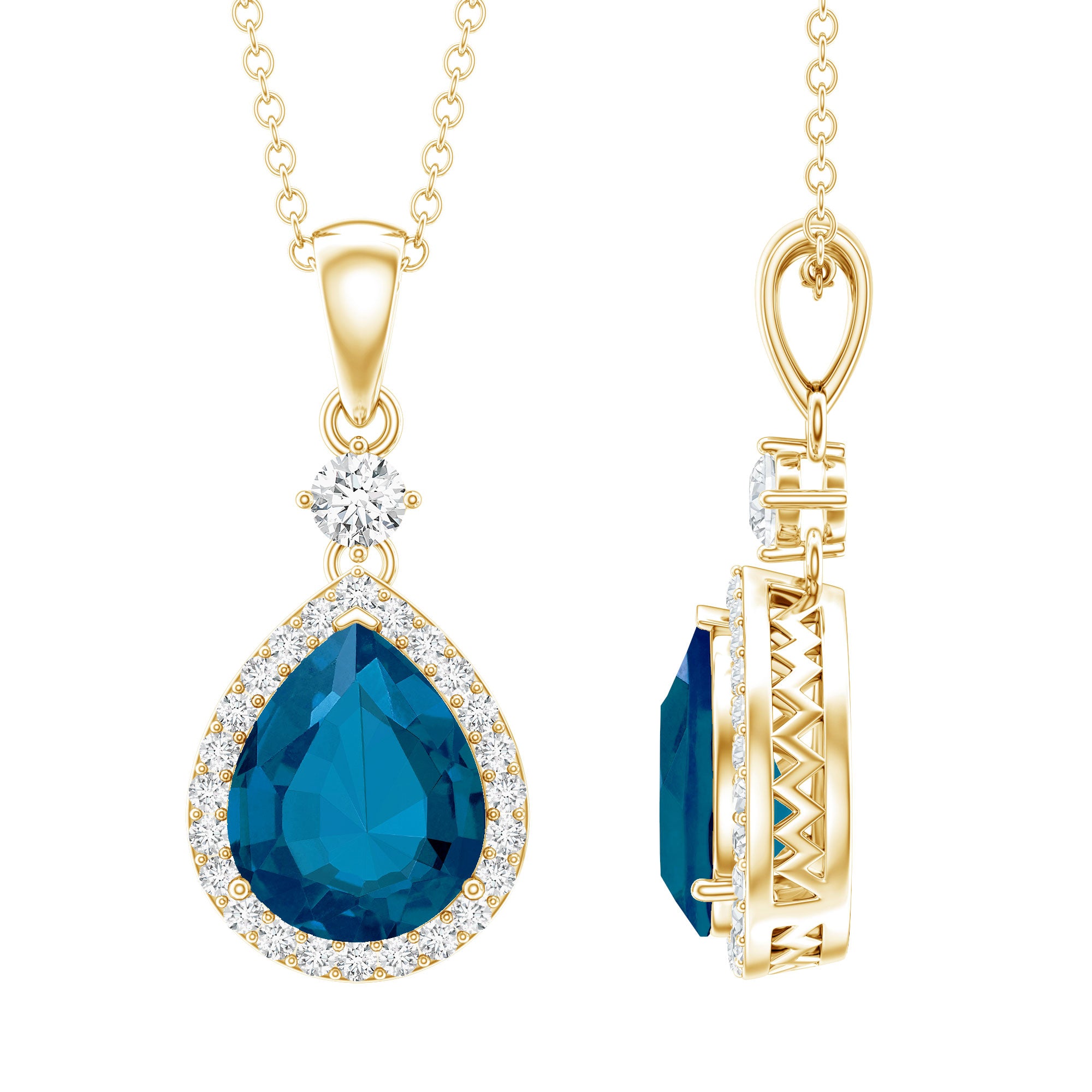 Certified London Blue Topaz Teardrop Necklace with Moissanite Halo AAA - Rosec Jewels