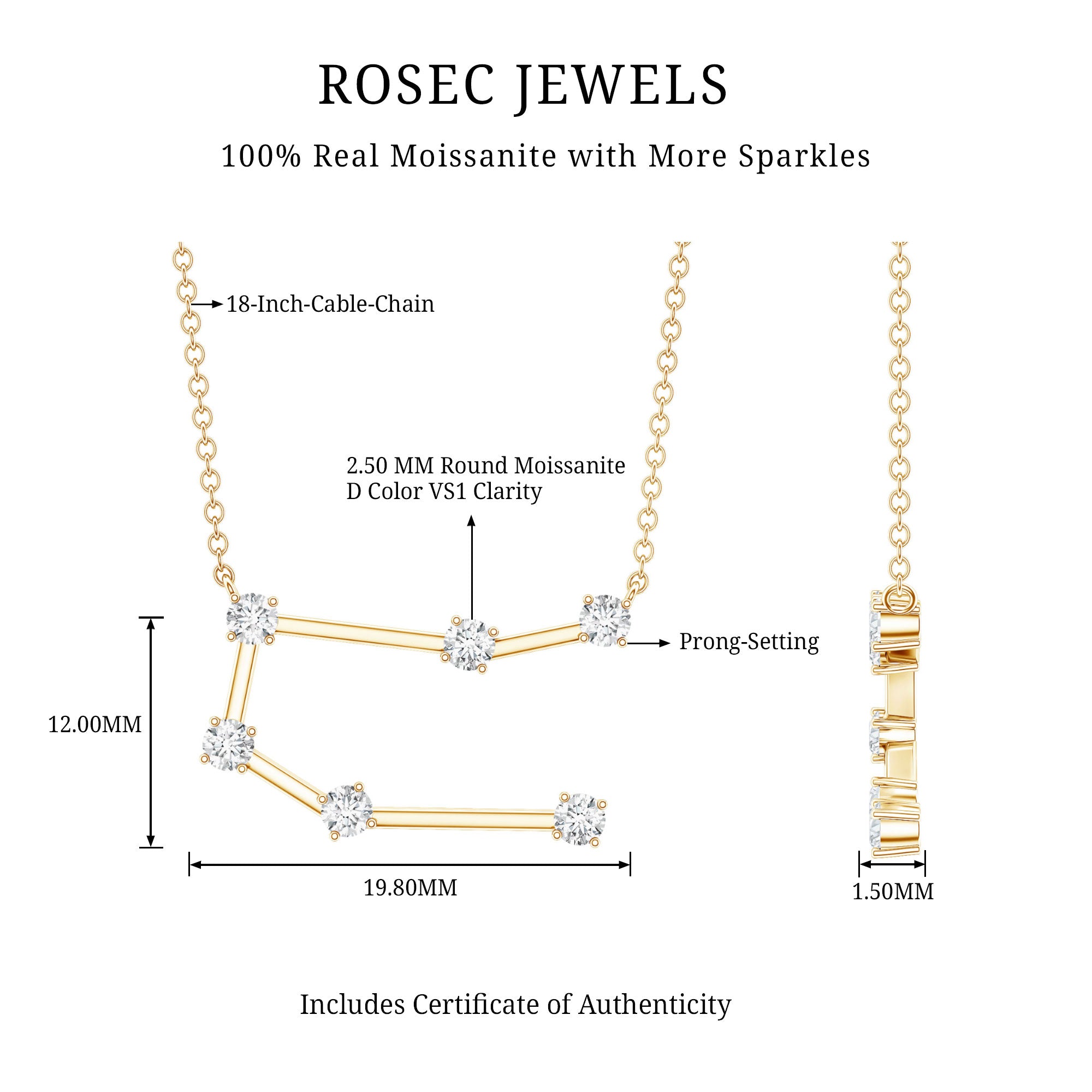 Certified Moissanite Gemini Constellation Necklace D-VS1 - Rosec Jewels