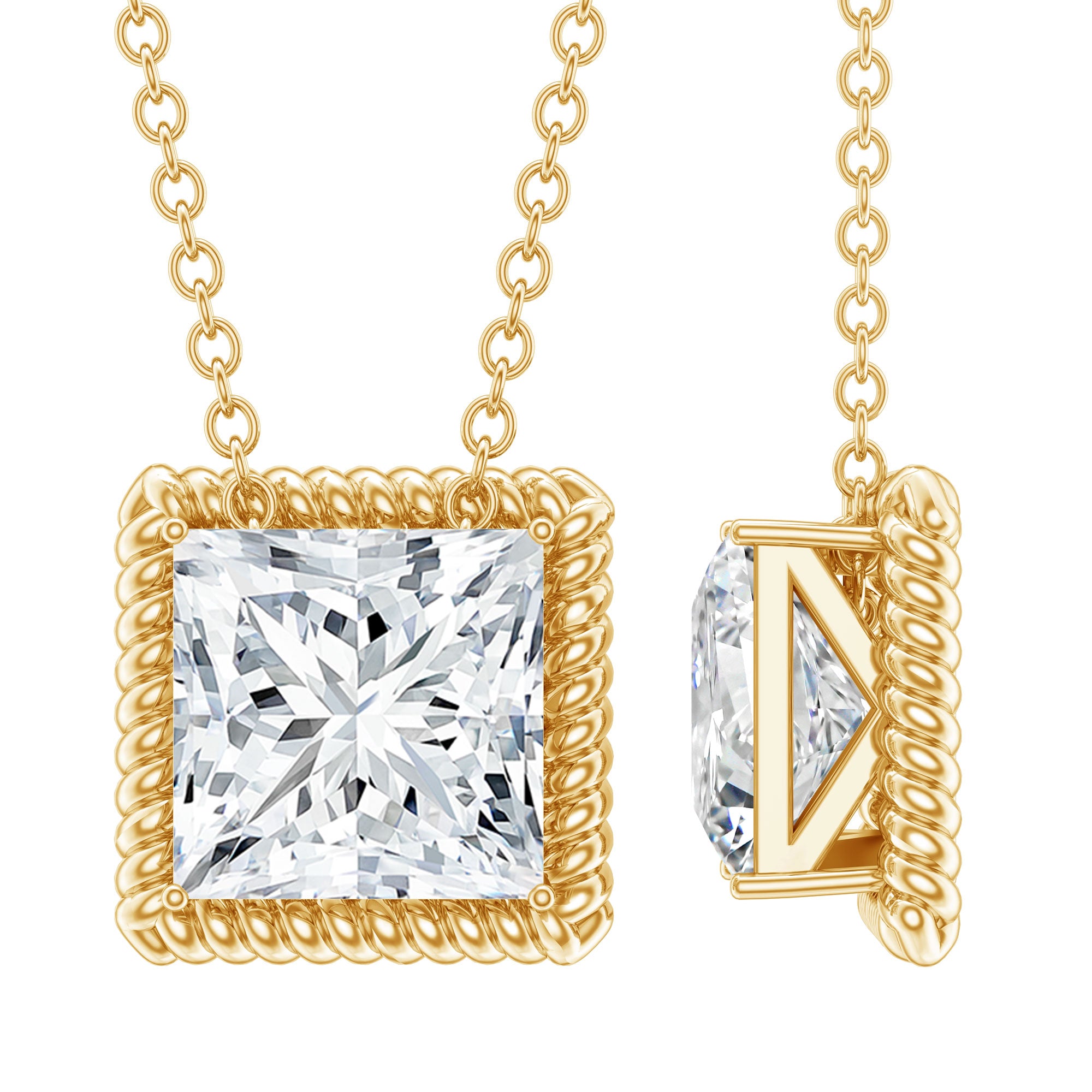 2 Carat Princess Cut Moissanite Solitaire Necklace with Rope Frame D-VS1 14K Yellow Gold Plated Silver - Rosec Jewels