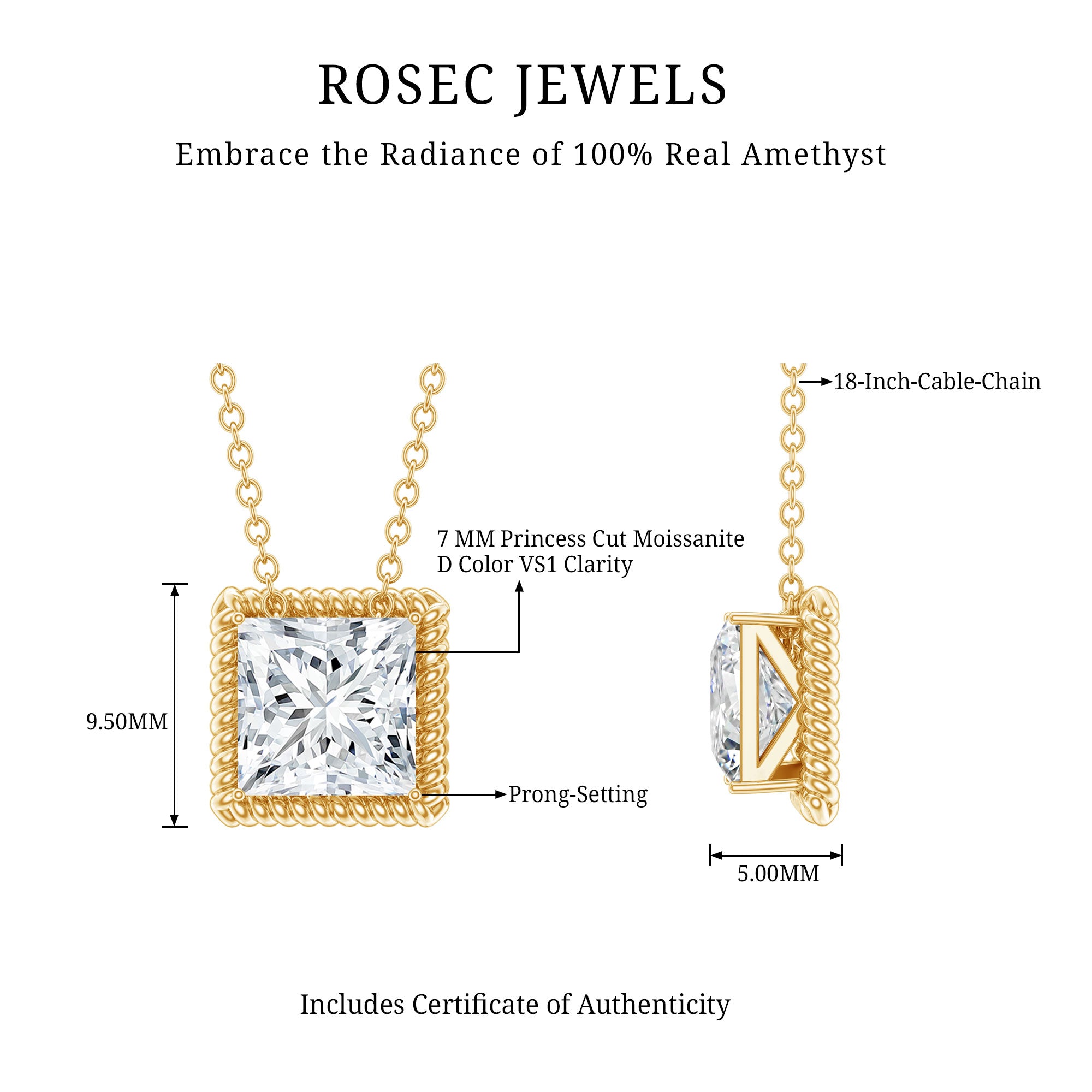2 Carat Princess Cut Moissanite Solitaire Necklace with Rope Frame D-VS1 14K Yellow Gold Plated Silver - Rosec Jewels