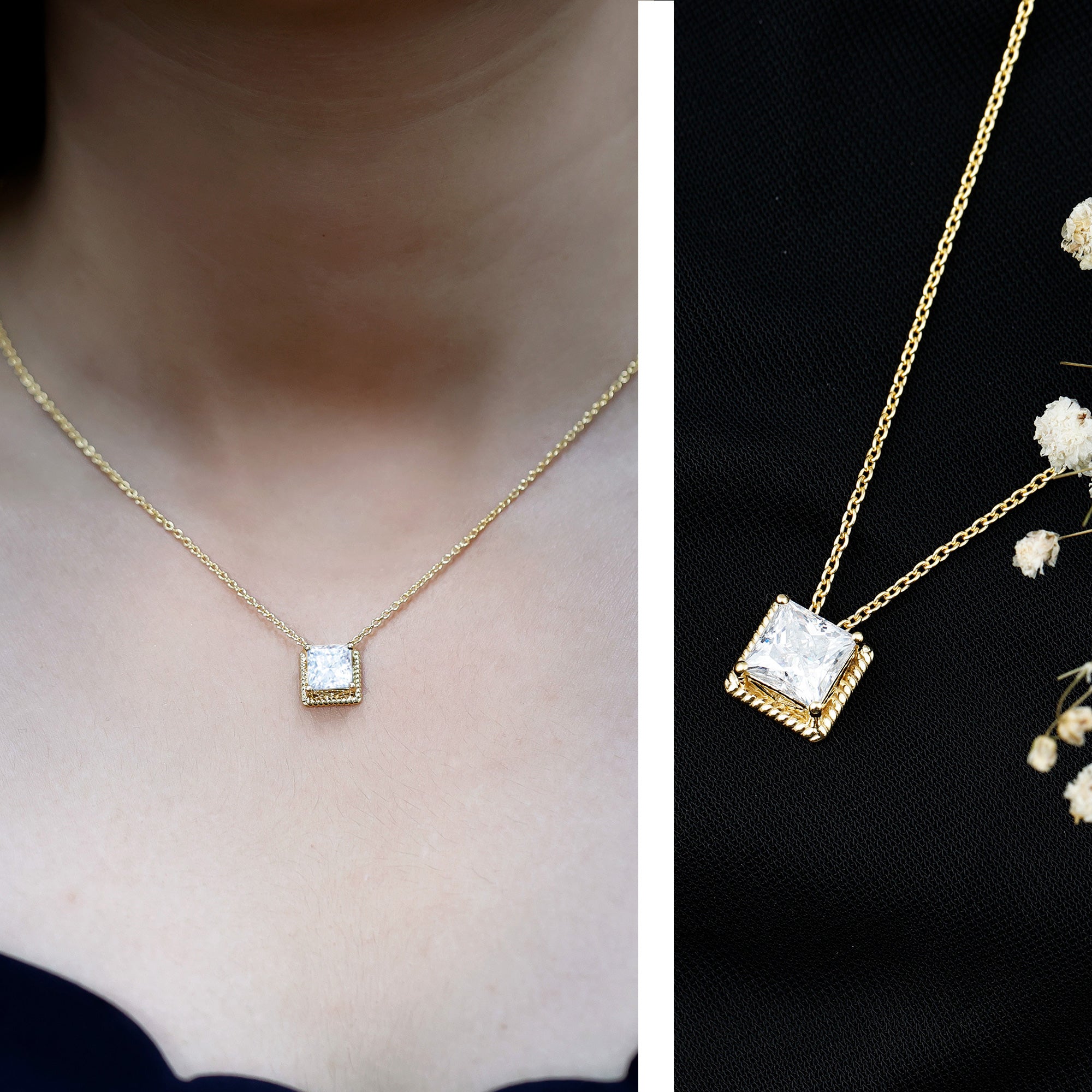2 Carat Princess Cut Moissanite Solitaire Necklace with Rope Frame D-VS1 14K Yellow Gold Plated Silver - Rosec Jewels