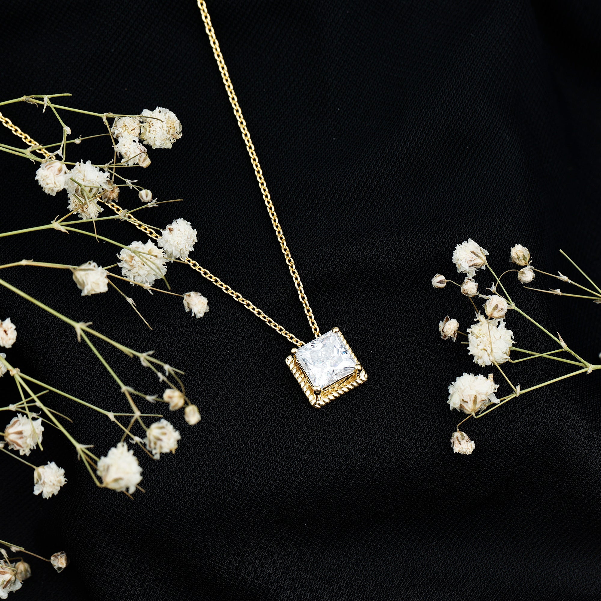 2 Carat Princess Cut Moissanite Solitaire Necklace with Rope Frame D-VS1 14K Yellow Gold Plated Silver - Rosec Jewels