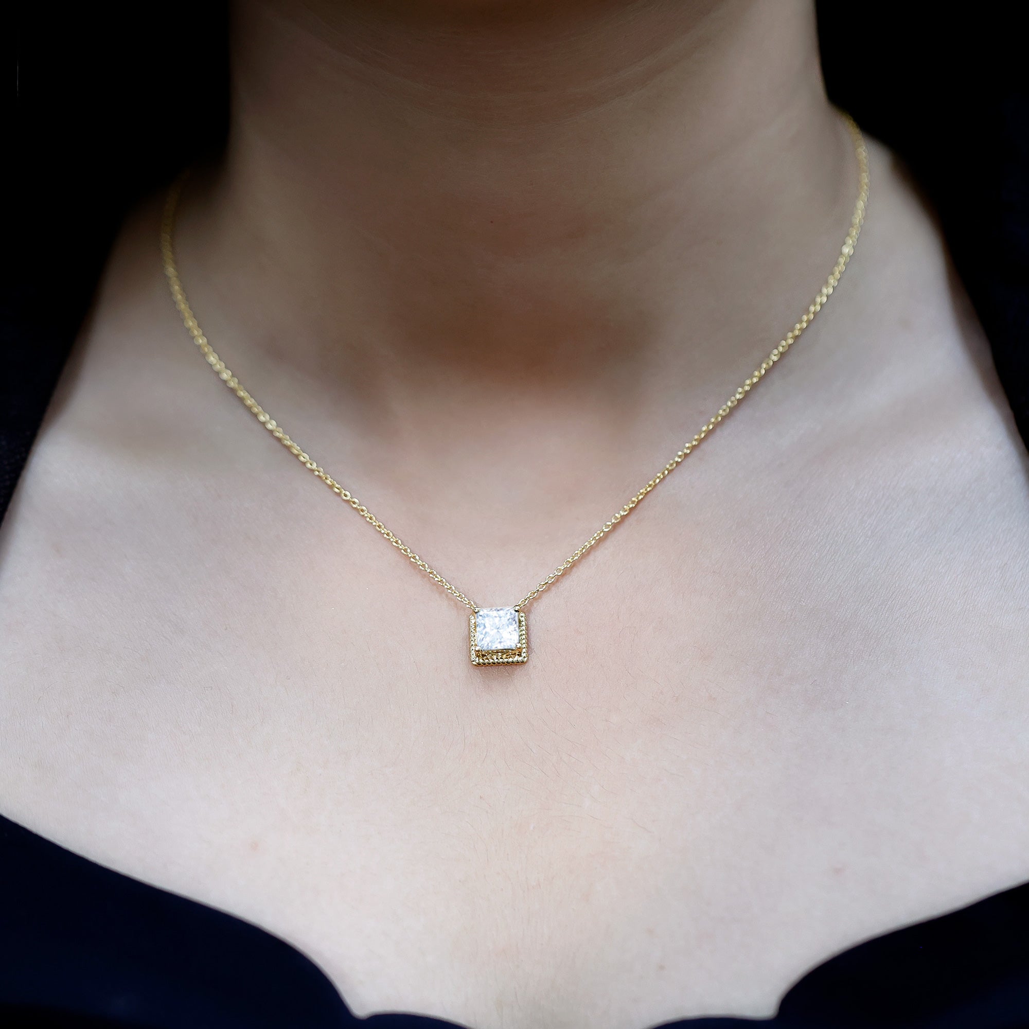 2 Carat Princess Cut Moissanite Solitaire Necklace with Rope Frame D-VS1 14K Yellow Gold Plated Silver - Rosec Jewels