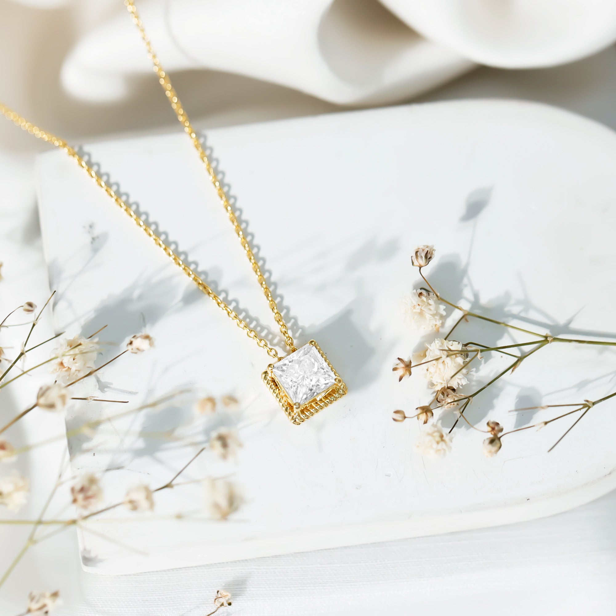 2 Carat Princess Cut Moissanite Solitaire Necklace with Rope Frame D-VS1 14K Yellow Gold Plated Silver - Rosec Jewels