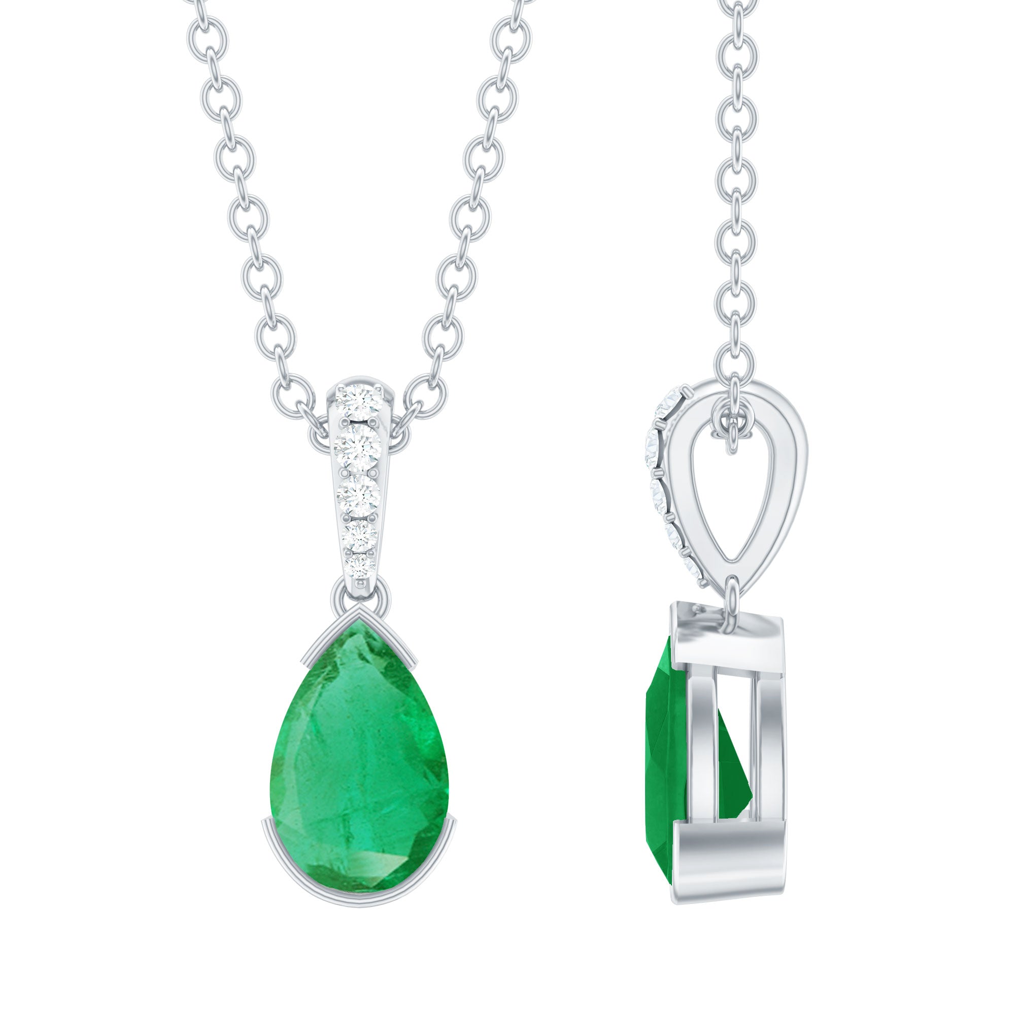 3/4 CT Pear Cut Emerald Solitaire Pendant in Half Bezel Setting with Diamond Accent Bail