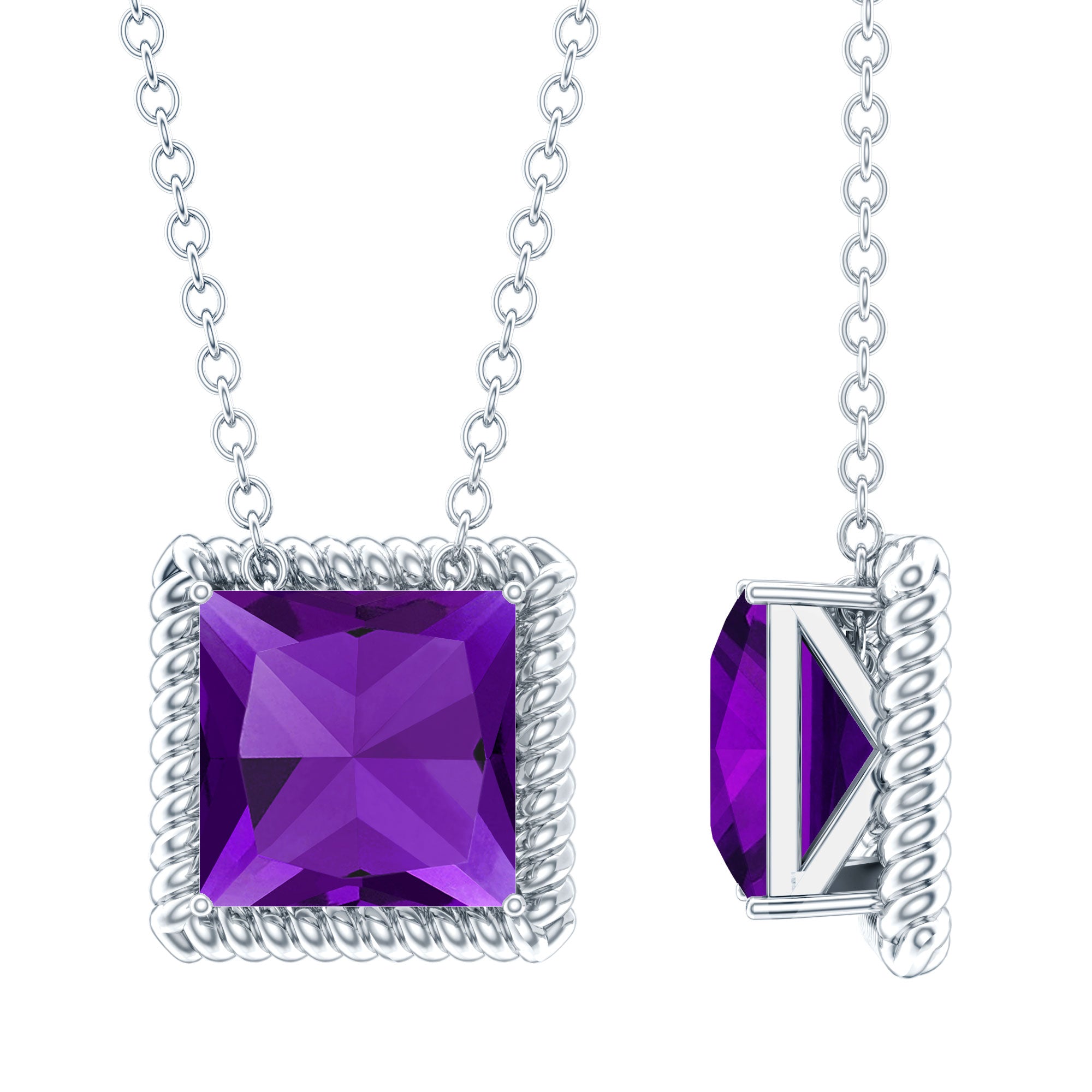 Princess Cut 1.5 Carat Amethyst Solitaire Necklace in Sterling Silver AAA 92.5 Sterling Silver - Rosec Jewels