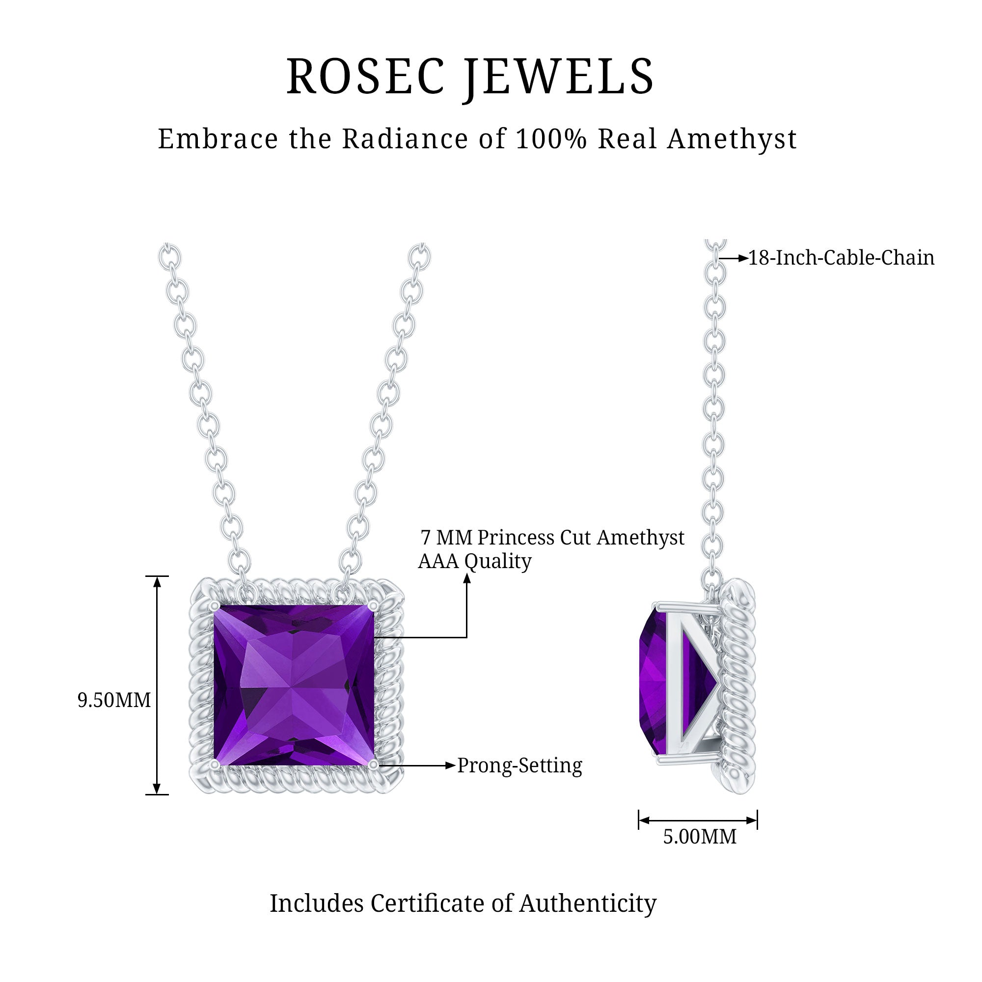 Princess Cut 1.5 Carat Amethyst Solitaire Necklace in Sterling Silver AAA 92.5 Sterling Silver - Rosec Jewels