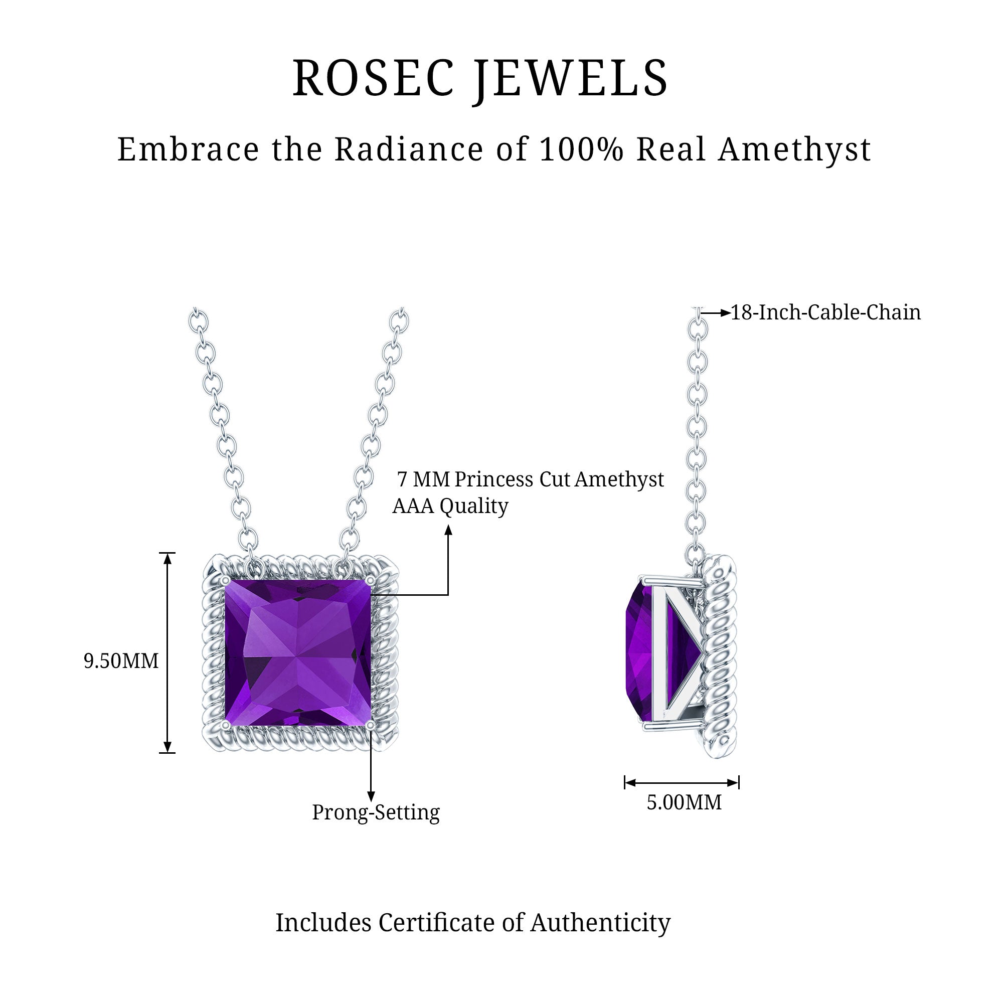 Princess Cut 1.5 Carat Amethyst Solitaire Necklace in Sterling Silver AAA 92.5 Sterling Silver - Rosec Jewels