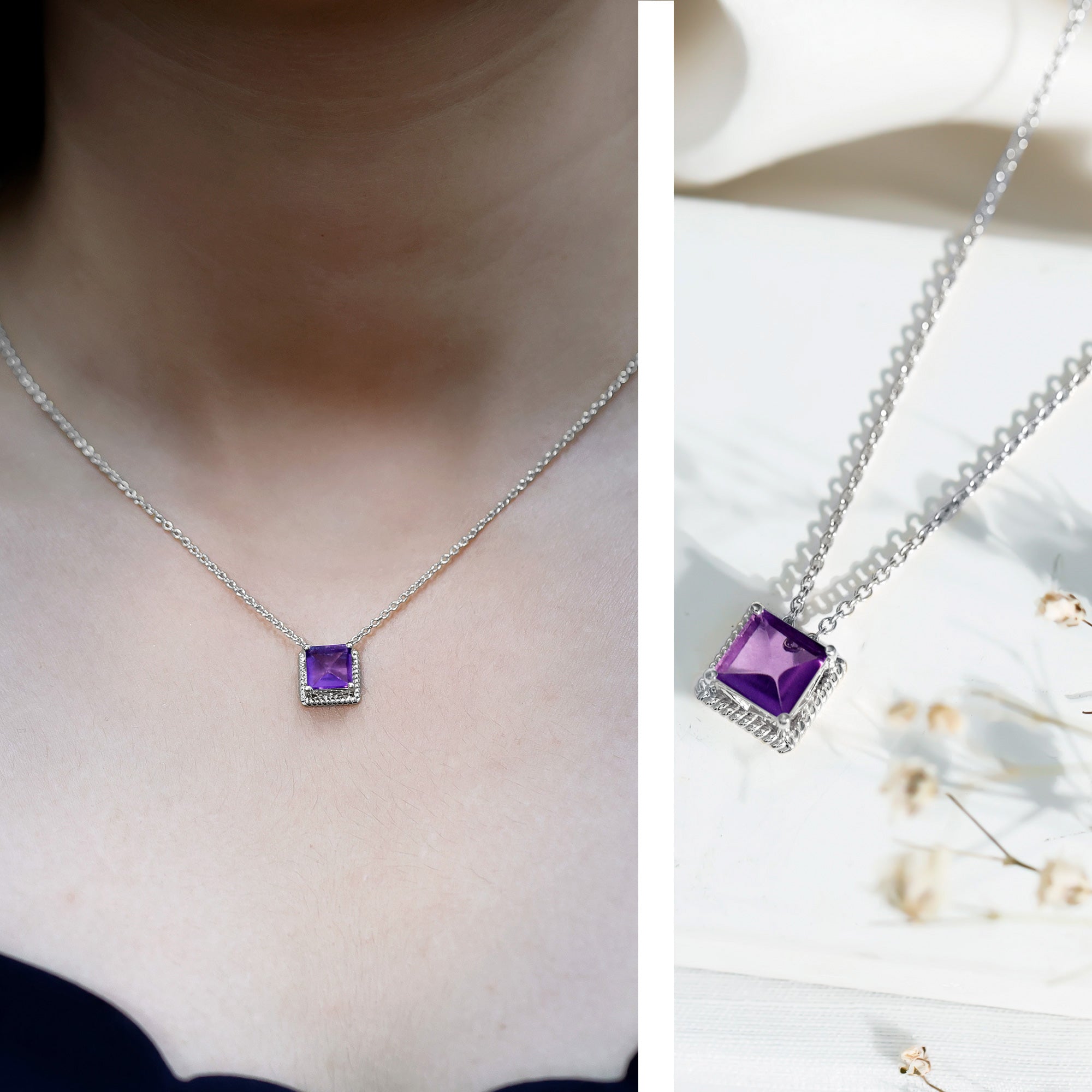 Princess Cut 1.5 Carat Amethyst Solitaire Necklace in Sterling Silver AAA 92.5 Sterling Silver - Rosec Jewels