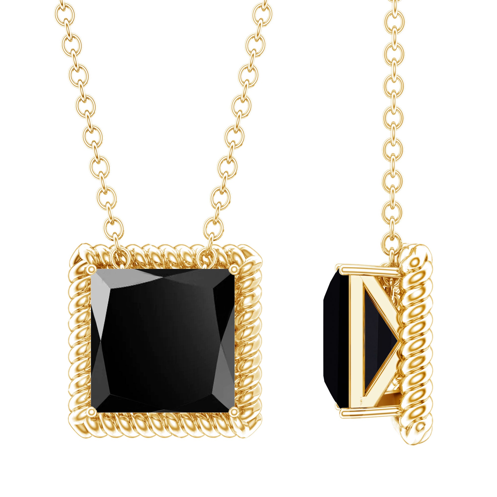 3 Carat Princess Cut Lab Created Black Diamond Necklace with Silver Chain AAAA ( Synthetic ) 14K Yellow Gold Plated Silver - Rosec Jewels