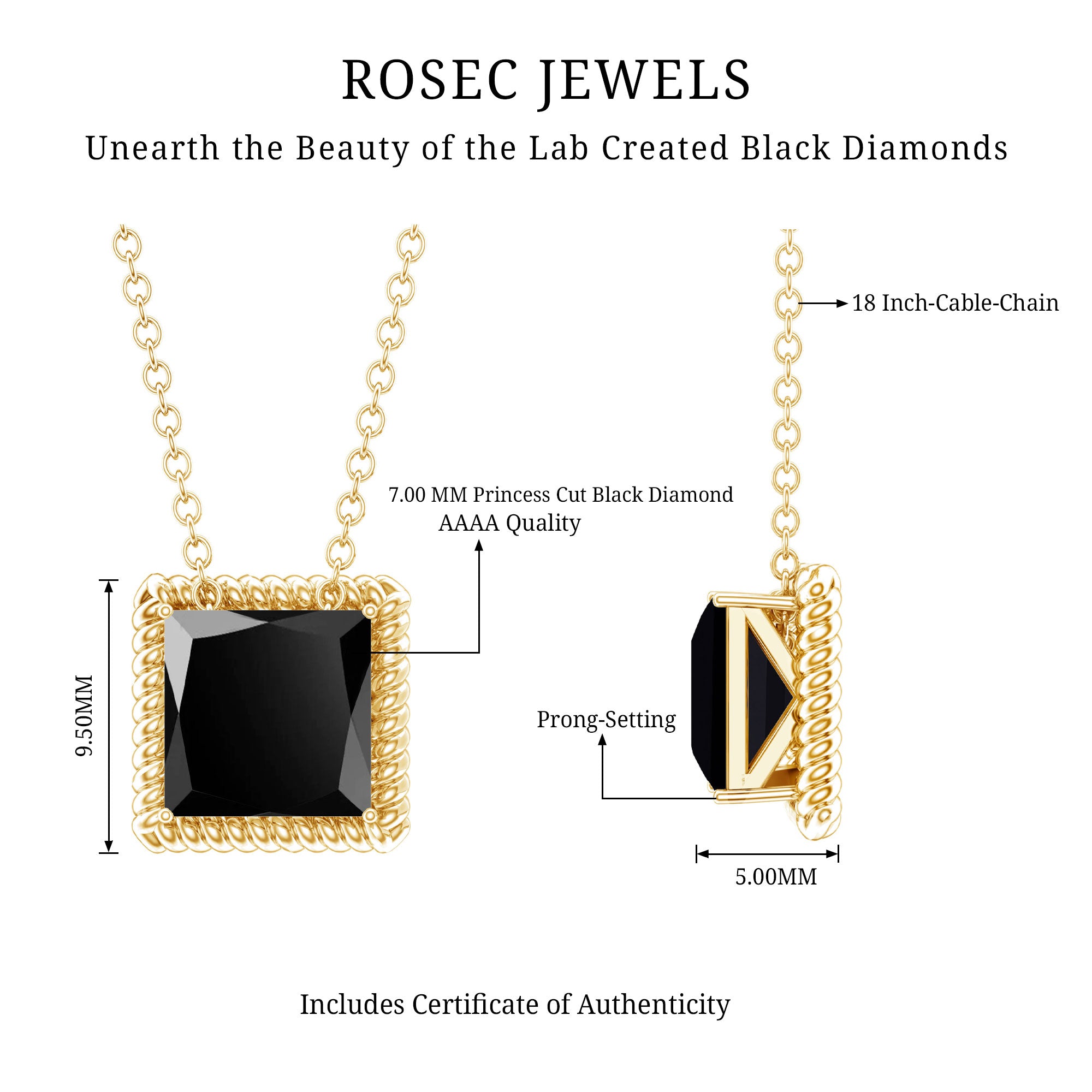 3 Carat Princess Cut Lab Created Black Diamond Necklace with Silver Chain AAAA ( Synthetic ) 14K Yellow Gold Plated Silver - Rosec Jewels