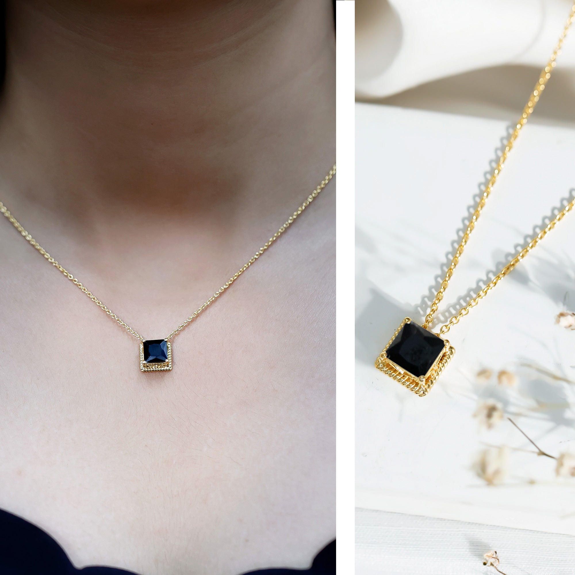 3 Carat Princess Cut Lab Created Black Diamond Necklace with Silver Chain AAAA ( Synthetic ) 14K Yellow Gold Plated Silver - Rosec Jewels