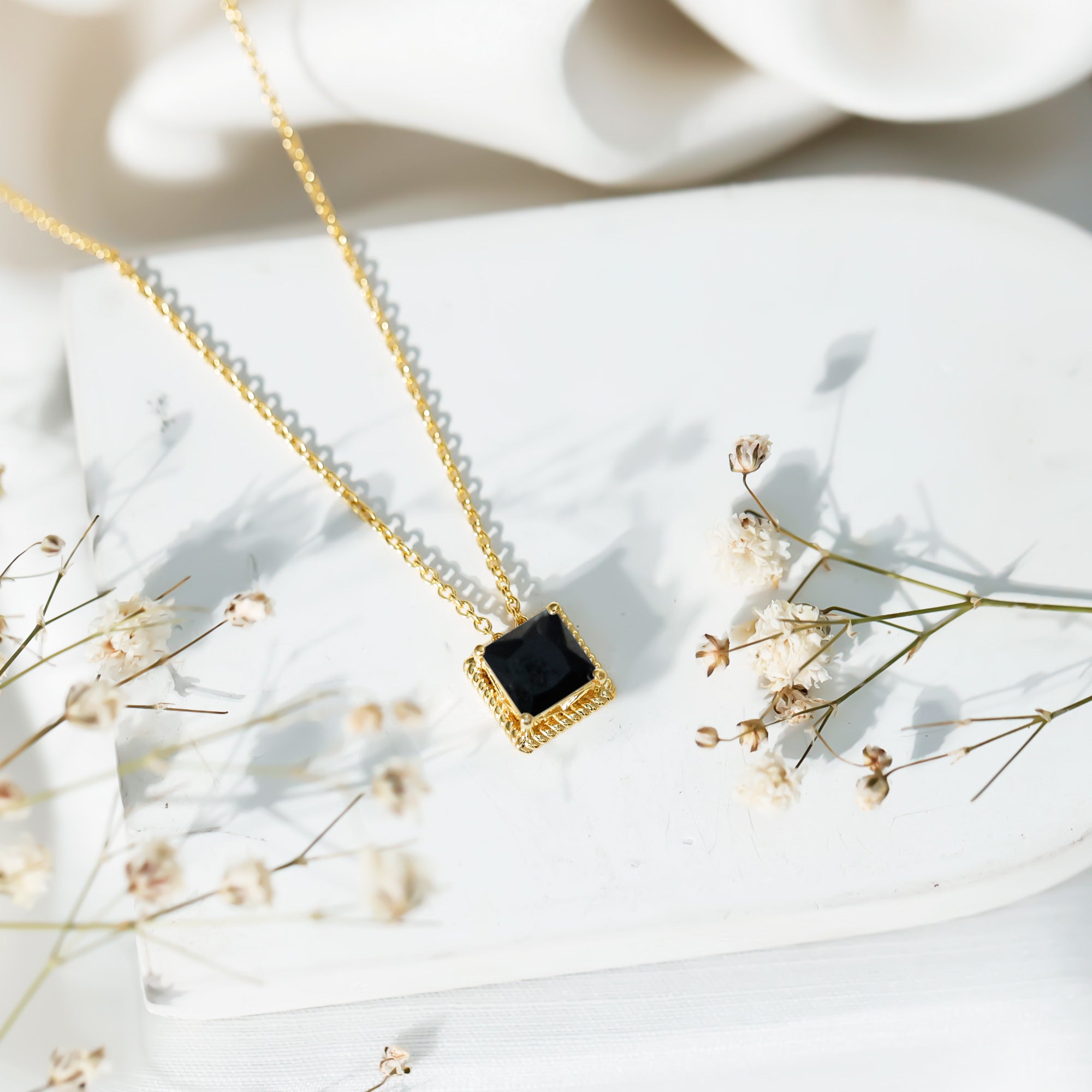 3 Carat Princess Cut Lab Created Black Diamond Necklace with Silver Chain AAAA ( Synthetic ) 14K Yellow Gold Plated Silver - Rosec Jewels