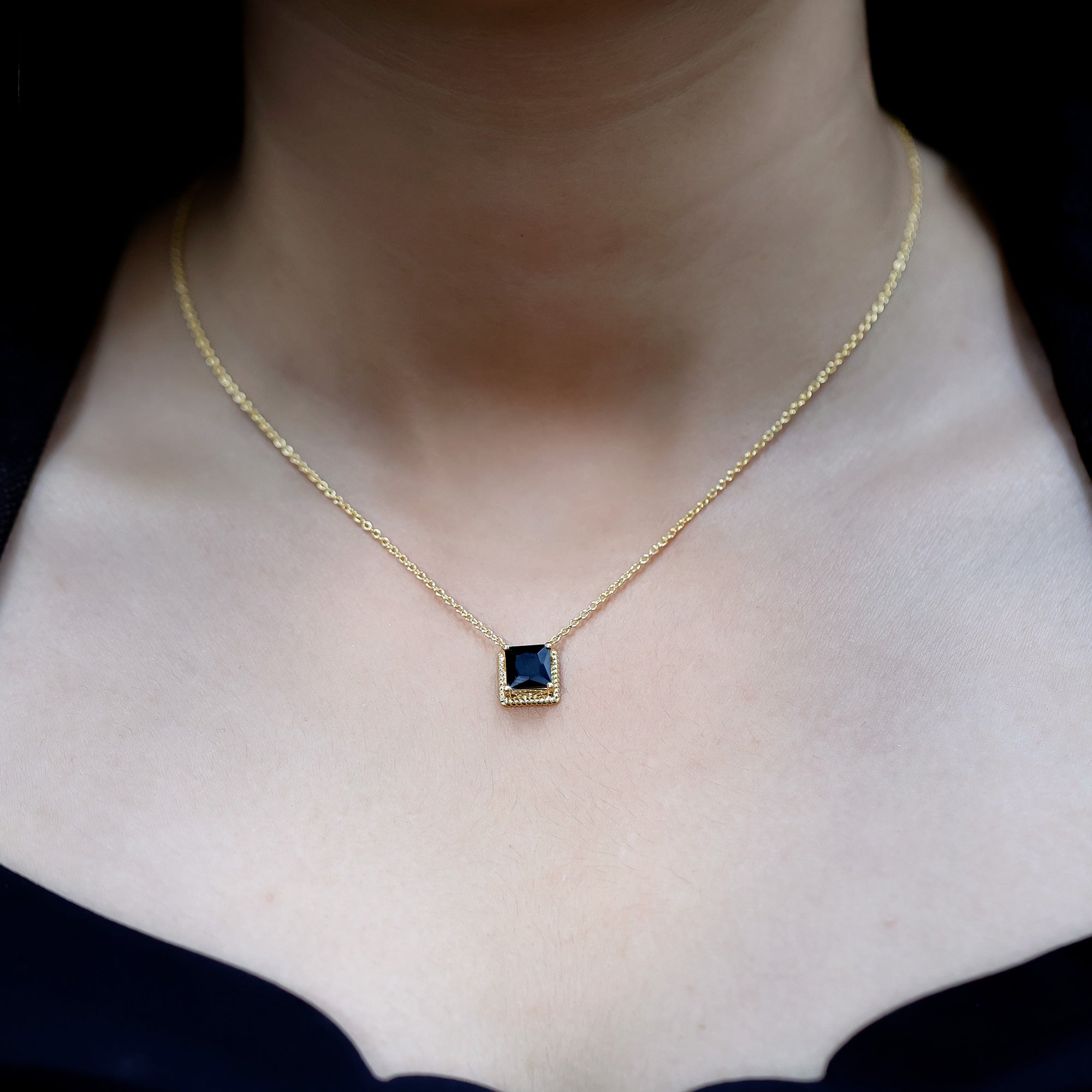 3 Carat Princess Cut Lab Created Black Diamond Necklace with Silver Chain AAAA ( Synthetic ) 14K Yellow Gold Plated Silver - Rosec Jewels