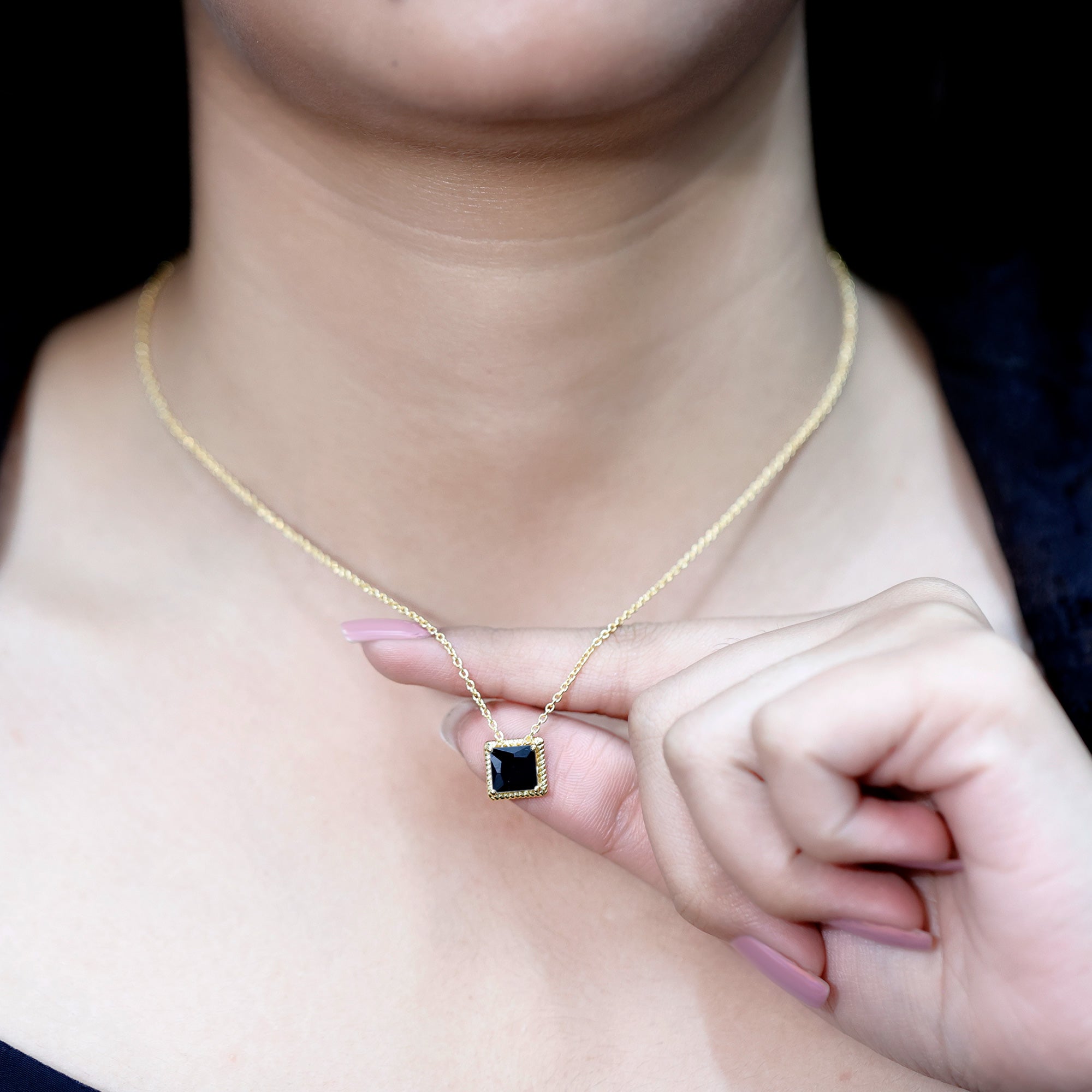 3 Carat Princess Cut Lab Created Black Diamond Necklace with Silver Chain AAAA ( Synthetic ) 14K Yellow Gold Plated Silver - Rosec Jewels
