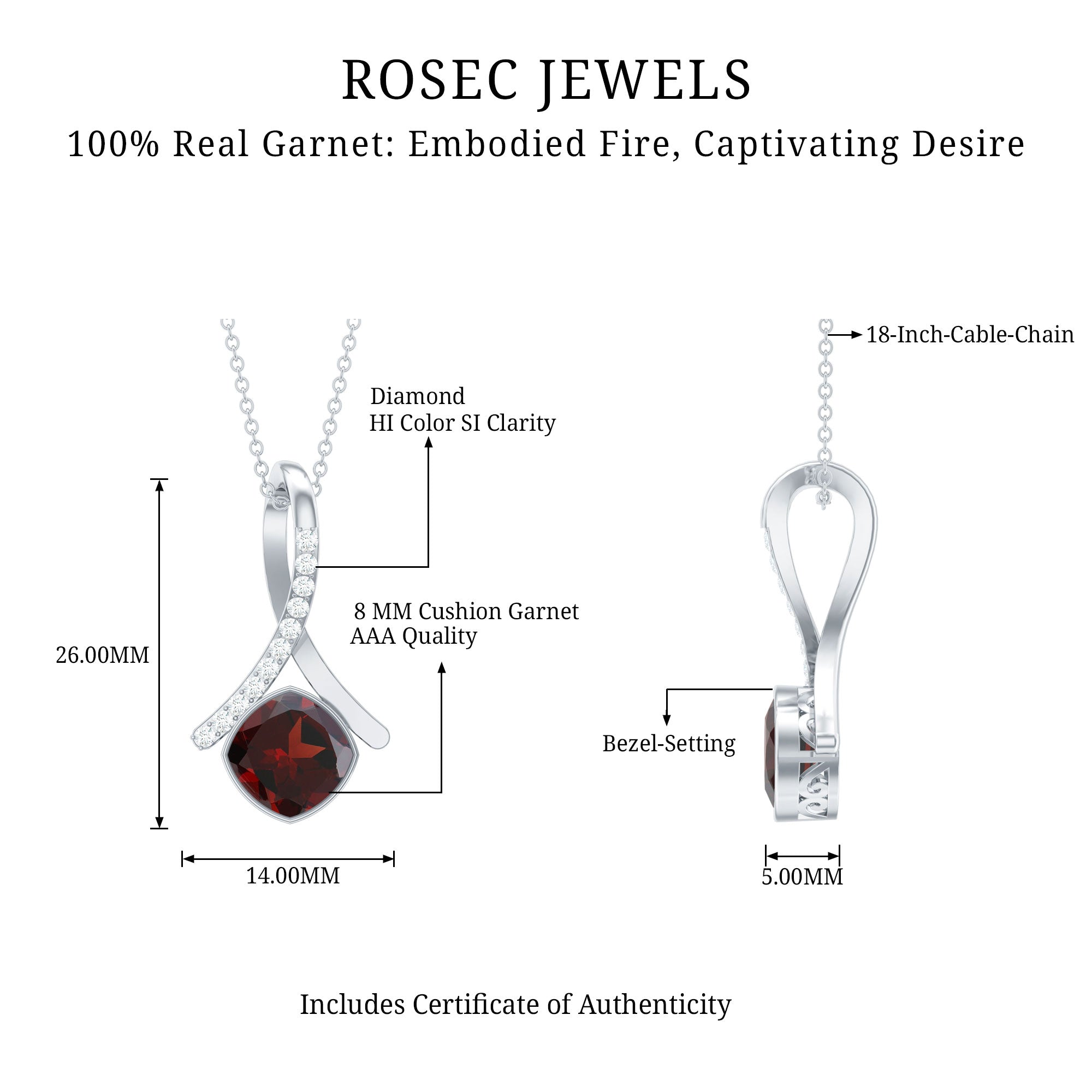3 Carat Cushion Cut Garnet Solitaire Pendant with Diamond Twisted Bail AAA - Rosec Jewels