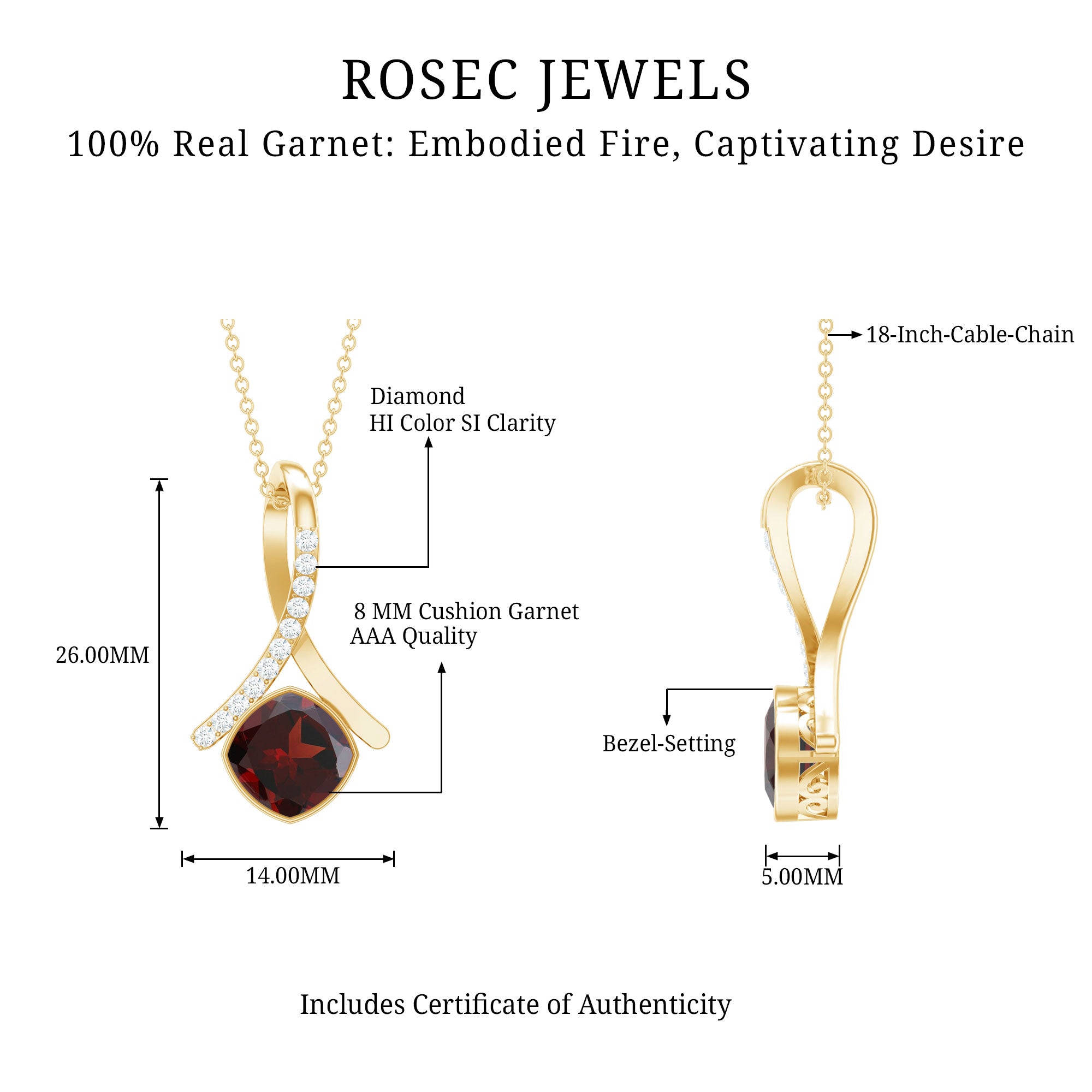 3 Carat Cushion Cut Garnet Solitaire Pendant with Diamond Twisted Bail AAA - Rosec Jewels