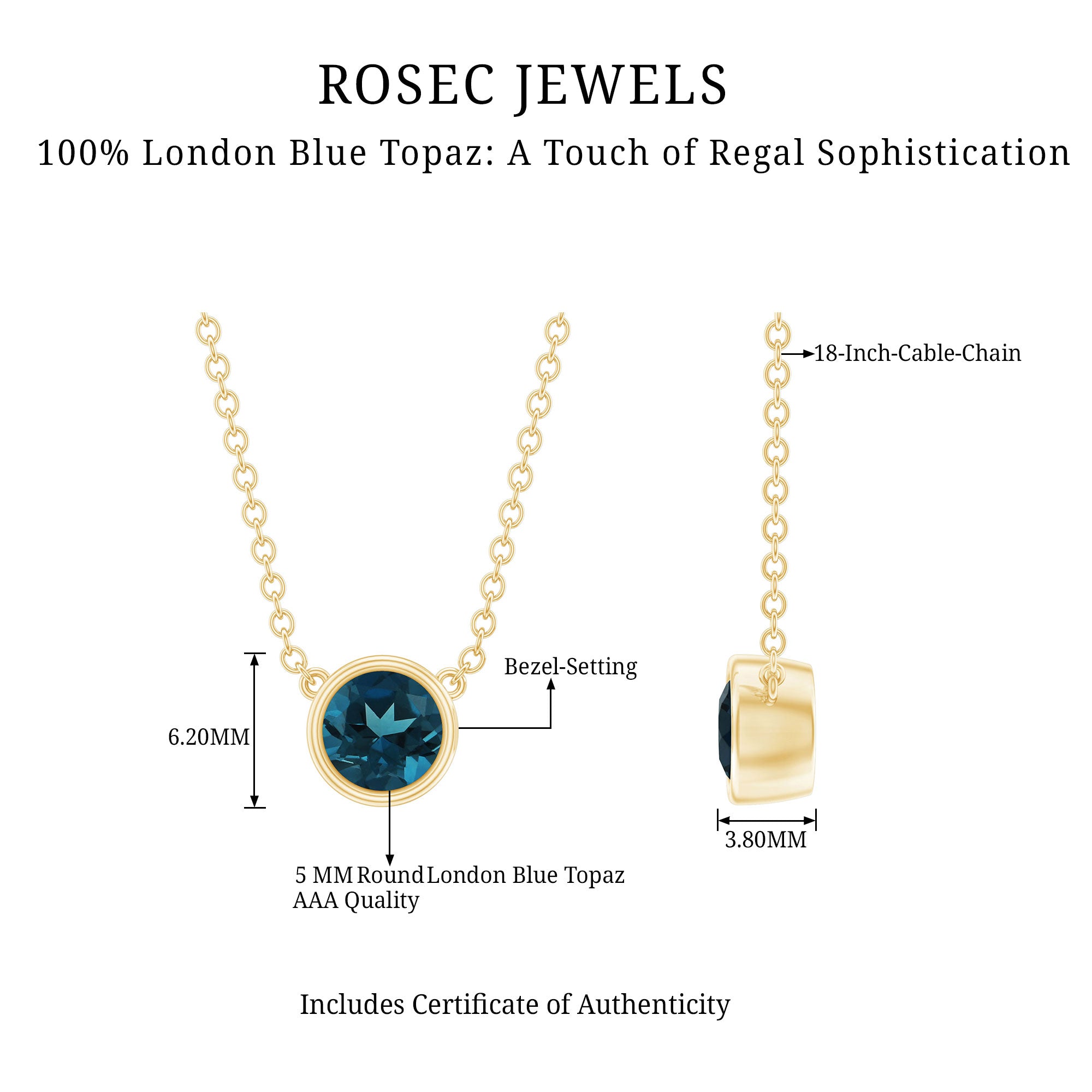 0.6 Carat Round London Blue Topaz Solitaire Necklace in Bezel Setting AAA - Rosec Jewels