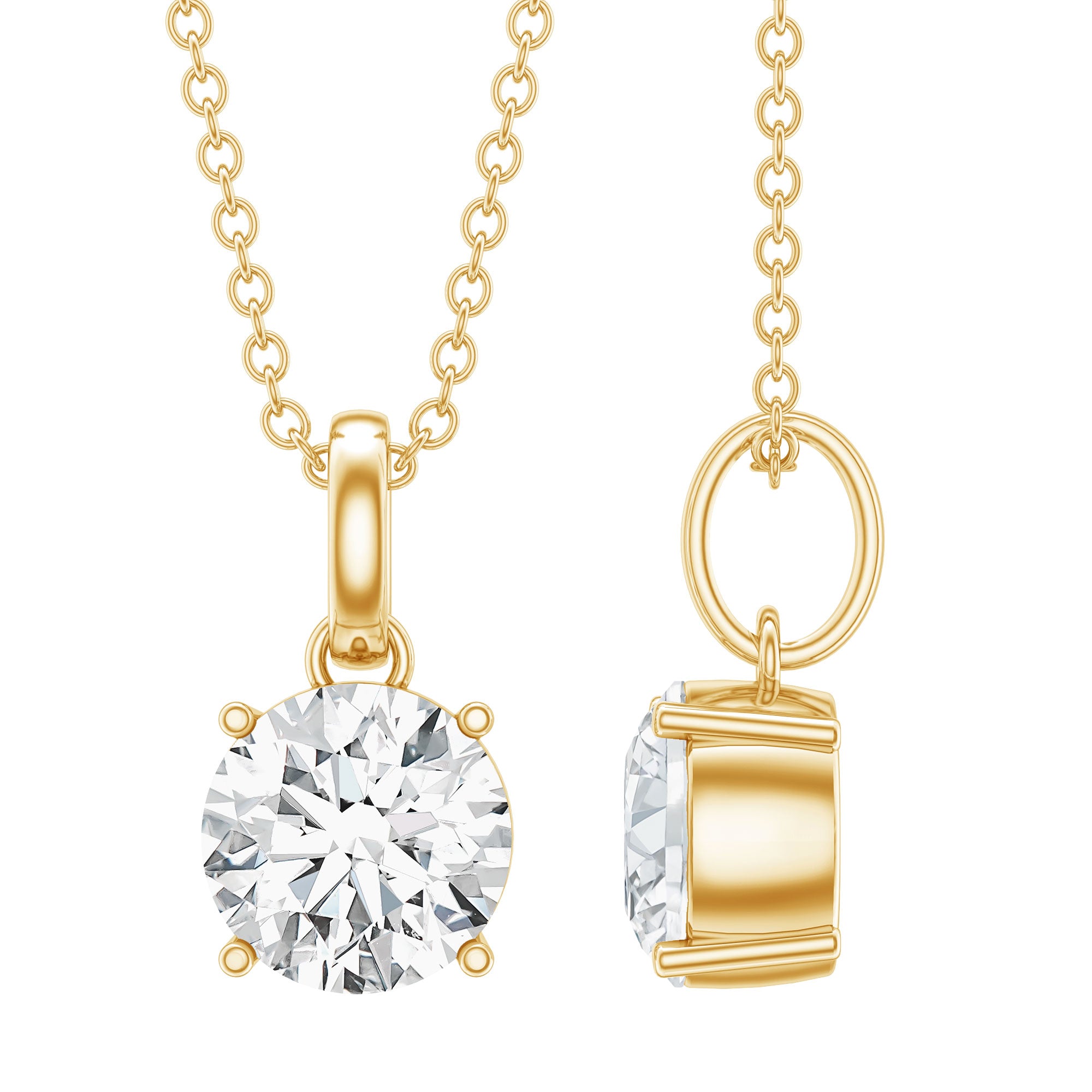 Certified 1 Carat Round Brilliant Cut Moissanite Solitaire Necklace With Silver Chain D-VS1 14K Yellow Gold Plated Silver - Rosec Jewels