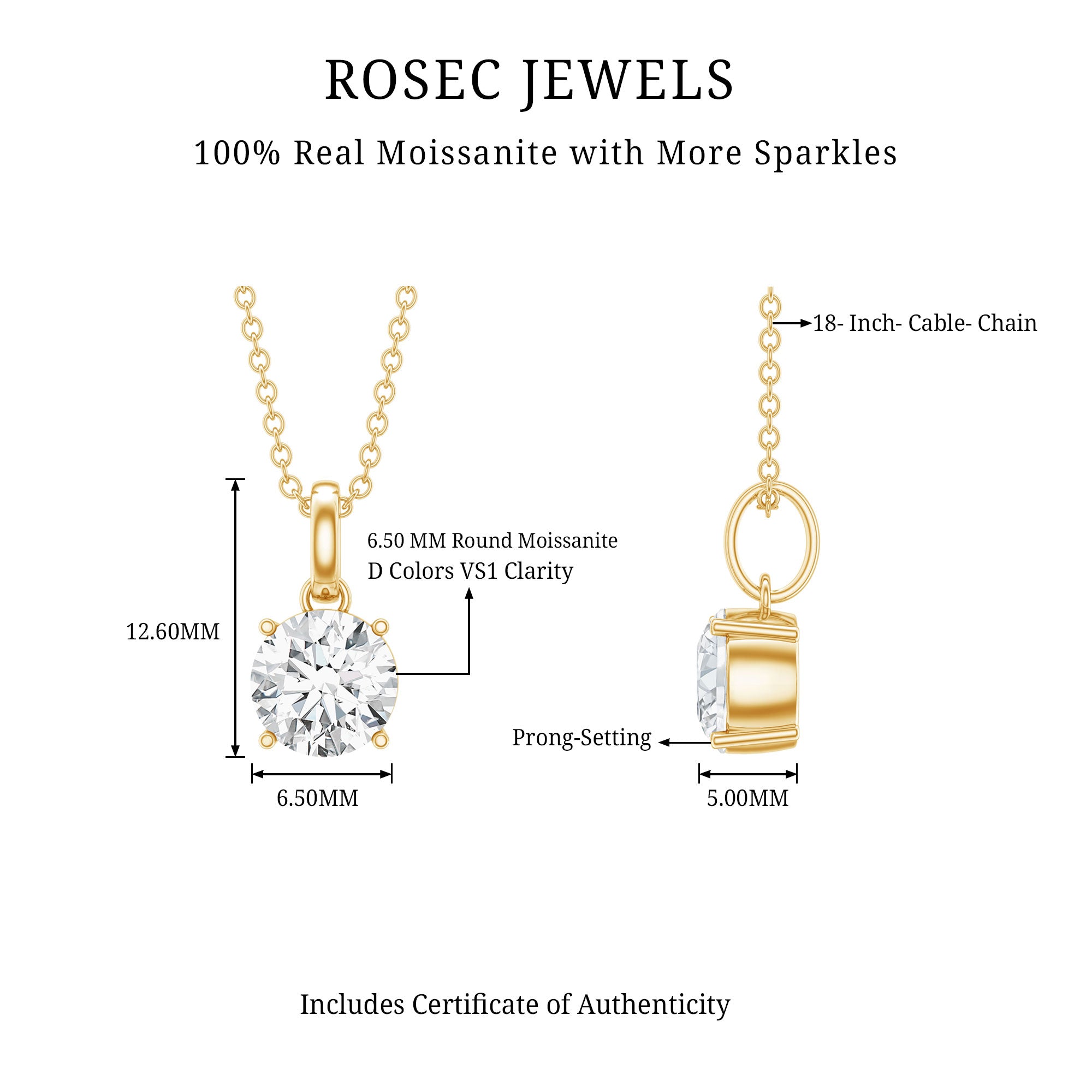 Certified 1 Carat Round Brilliant Cut Moissanite Solitaire Necklace With Silver Chain D-VS1 14K Yellow Gold Plated Silver - Rosec Jewels