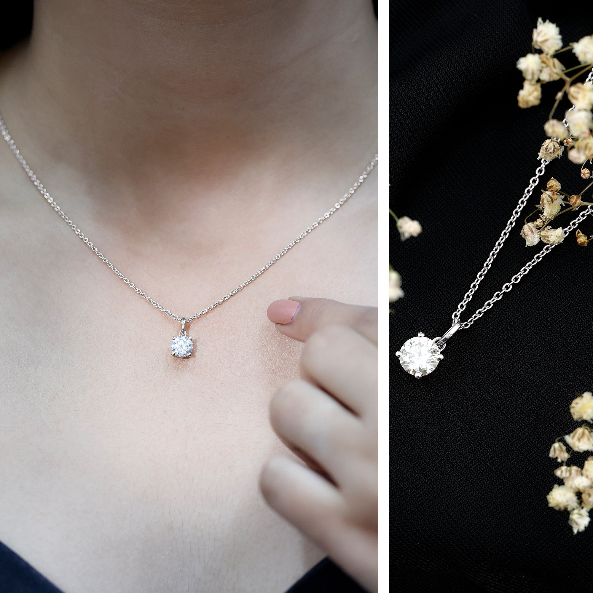 Certified 1 Carat Round Brilliant Cut Moissanite Solitaire Necklace With Silver Chain D-VS1 14K Yellow Gold Plated Silver - Rosec Jewels